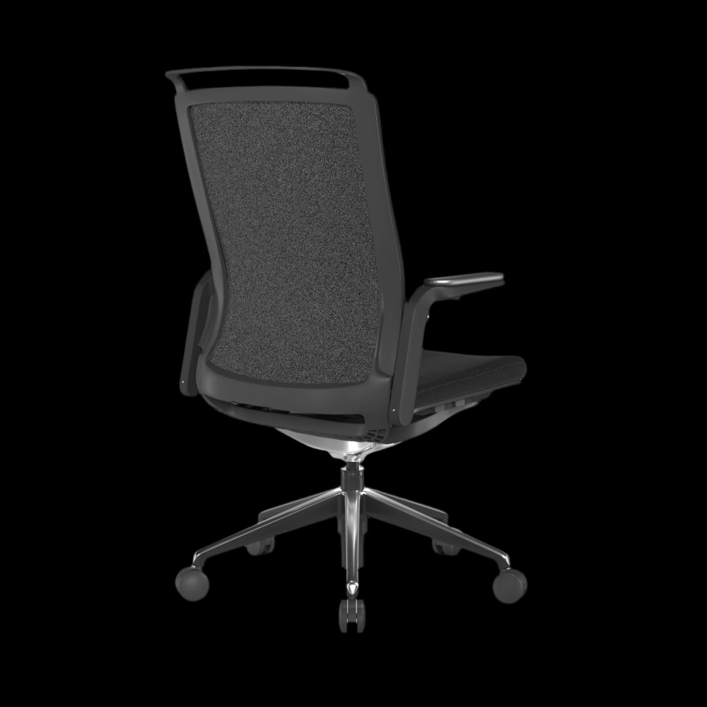 Black office chair with fabric back on a black background