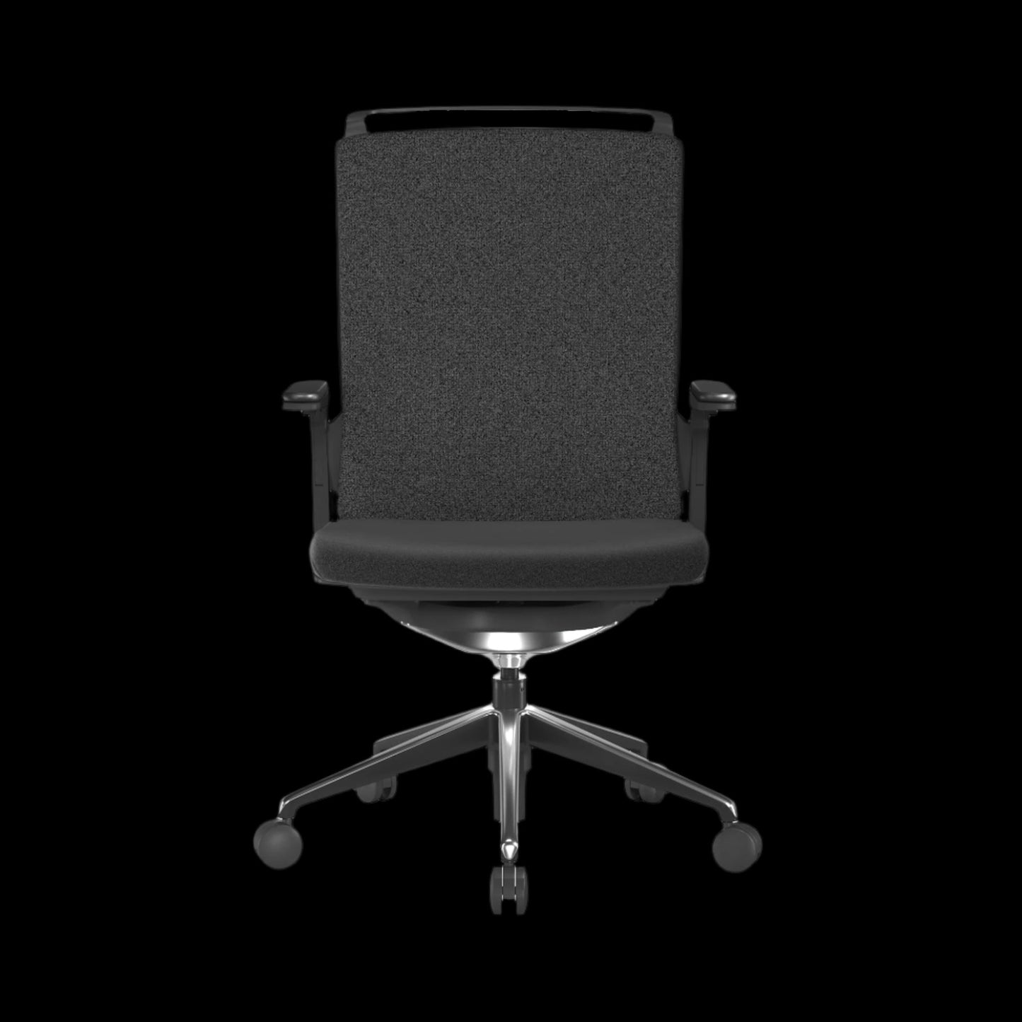 Black office chair with a fabric back on a black background