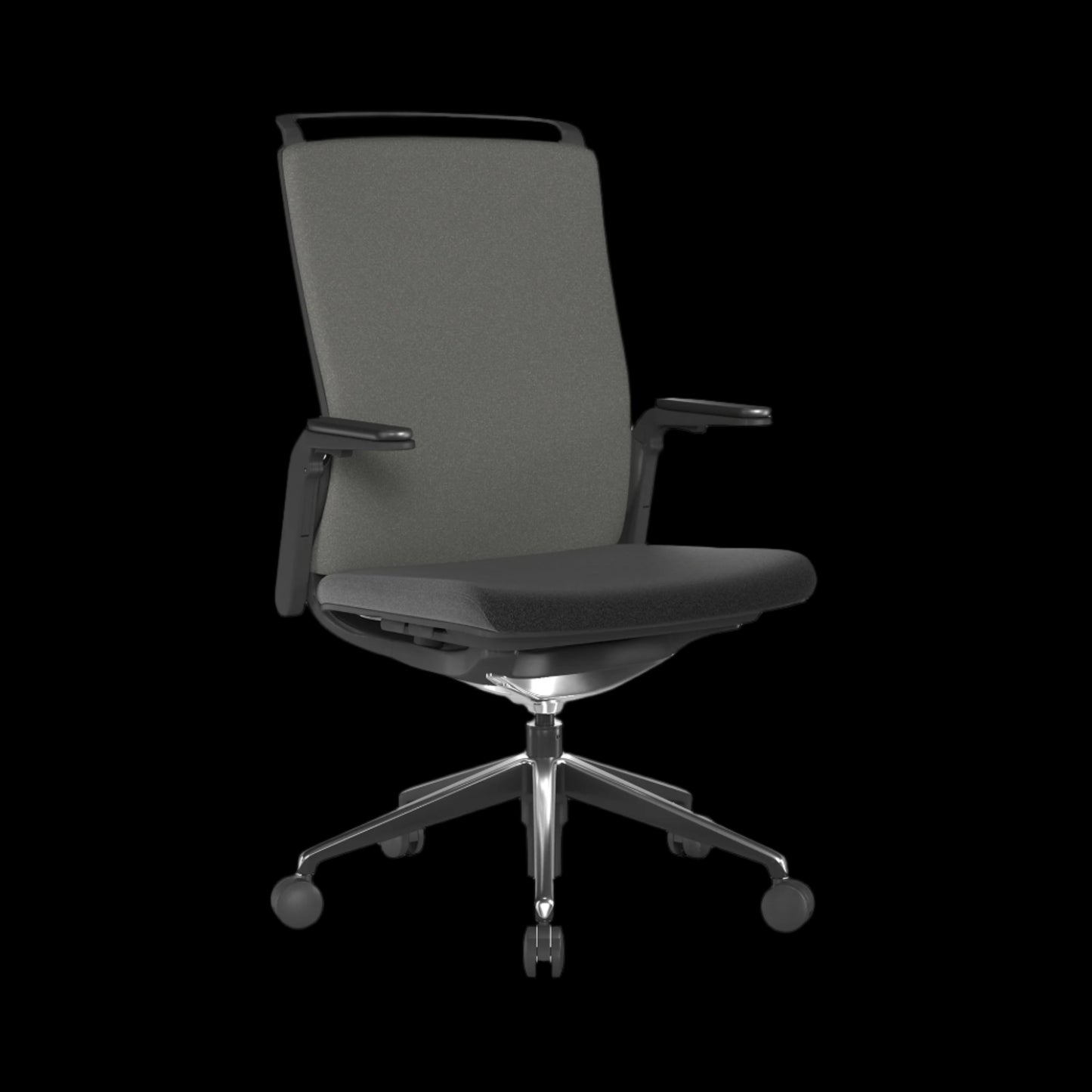 Black/grey office chair with fabric backrest on a black background