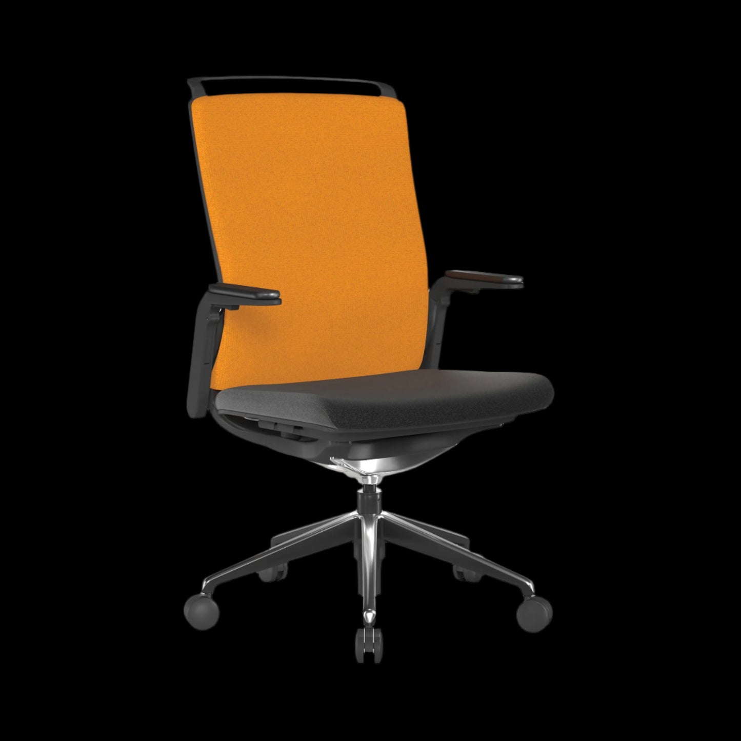 Black/Orange office chair with black frame and wheels on a black background