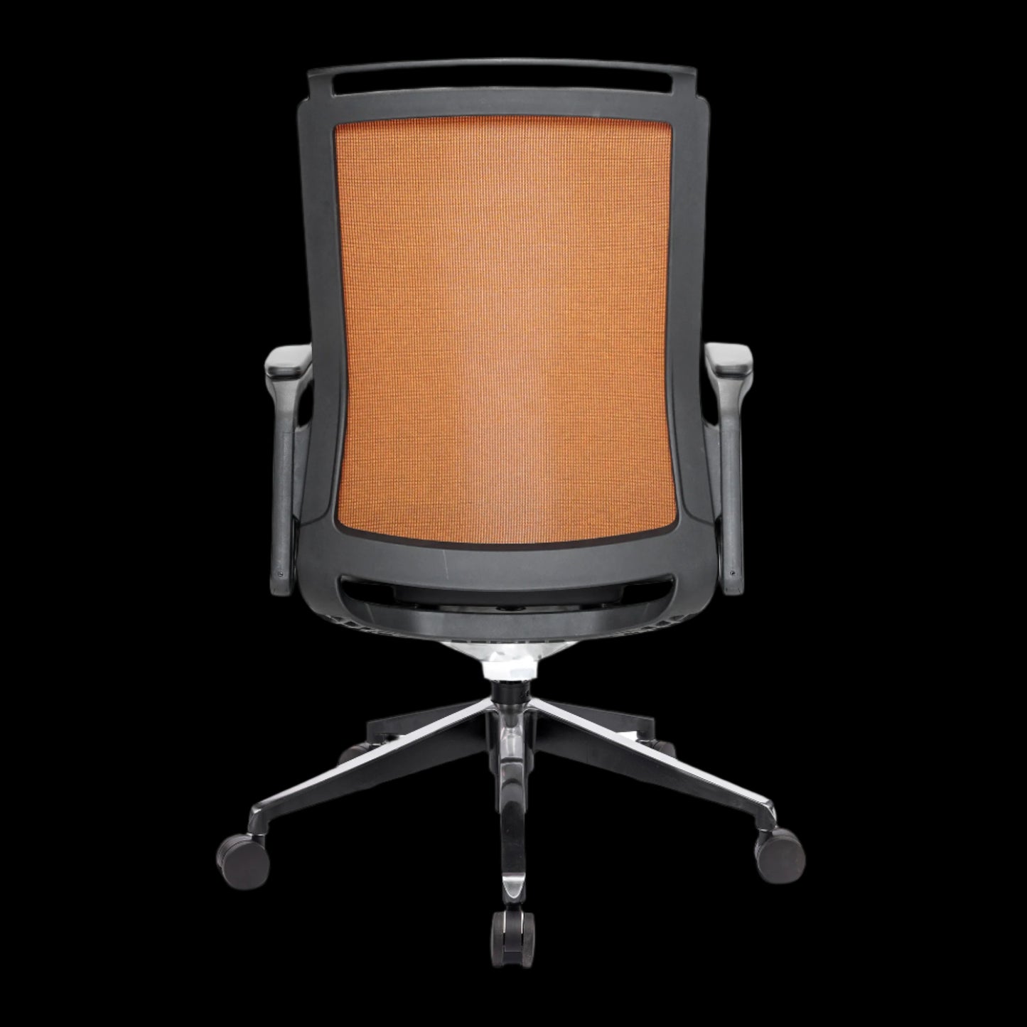 Office chair with orange mesh backrest and black frame on a black background