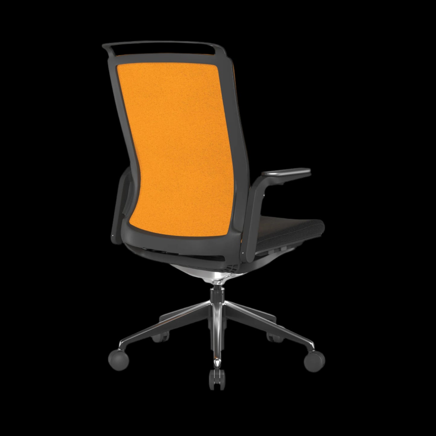 Black/Orange office chair with black frame on a black background and an adjustable base