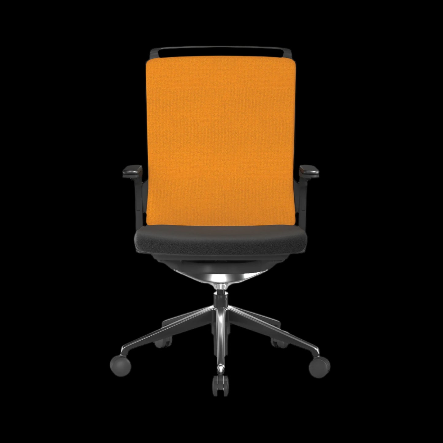 Black/Orange office chair with black frame and wheels on a black background and a fabric backrest