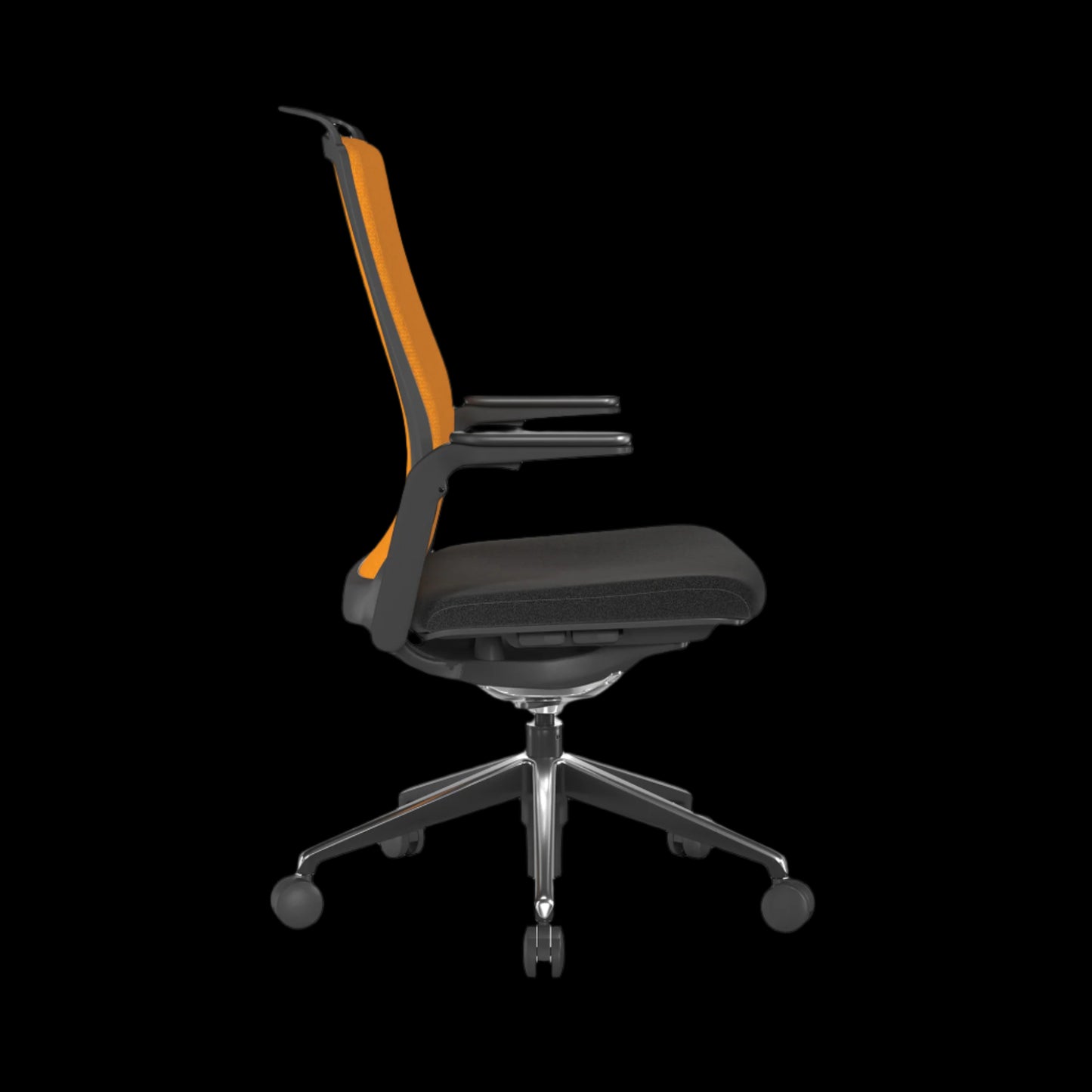 Black/Orange office chair with orange backrest on a black background