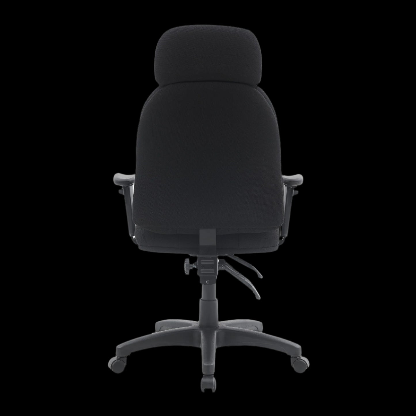 Black office chair with headrest on a black background