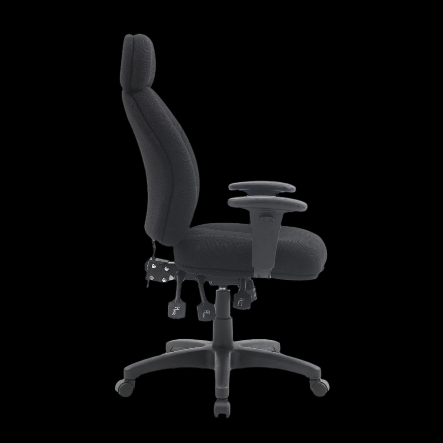 Black office chair with adjustable armrests on a black background