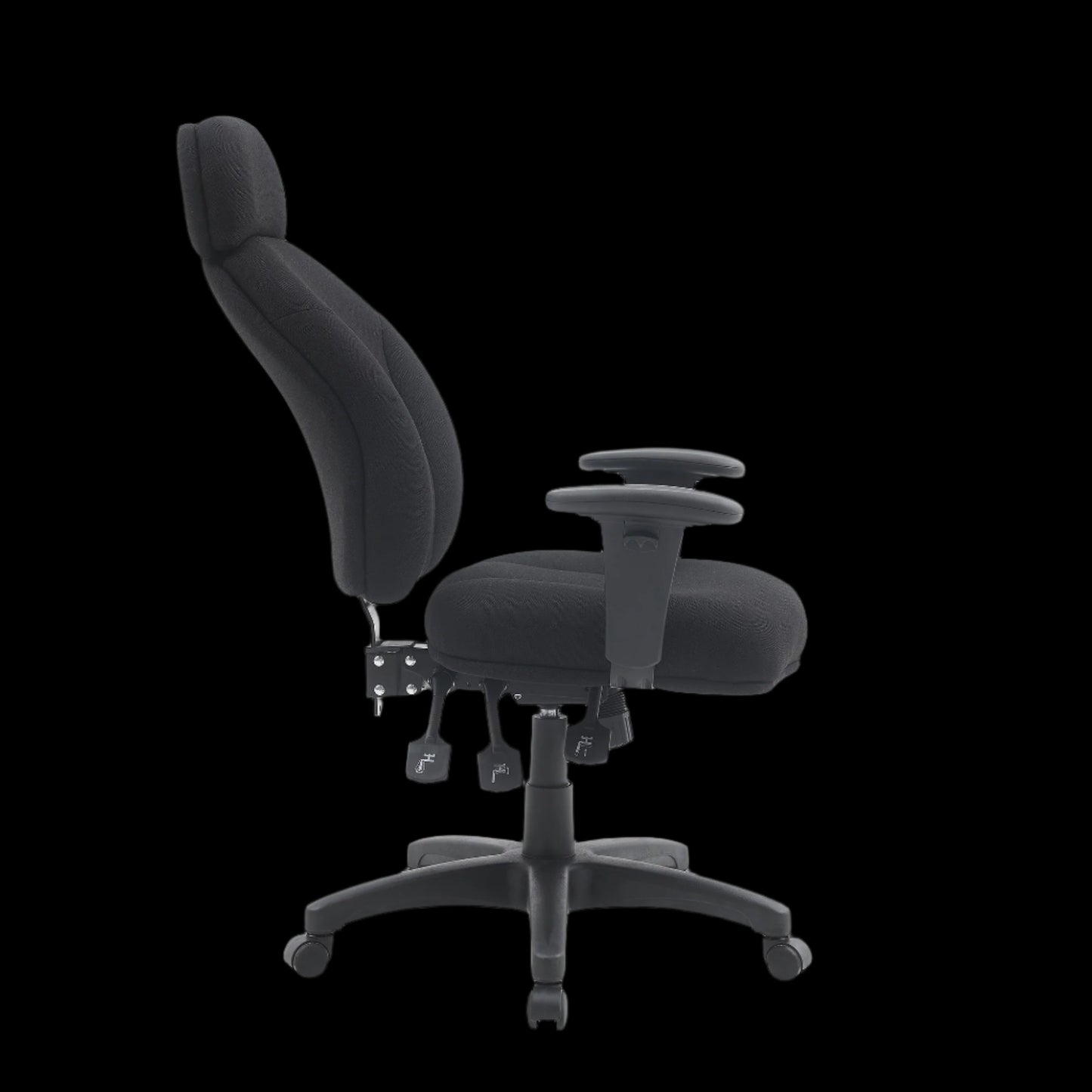 Black office chair with adjustable armrests and adjustable back on a black background