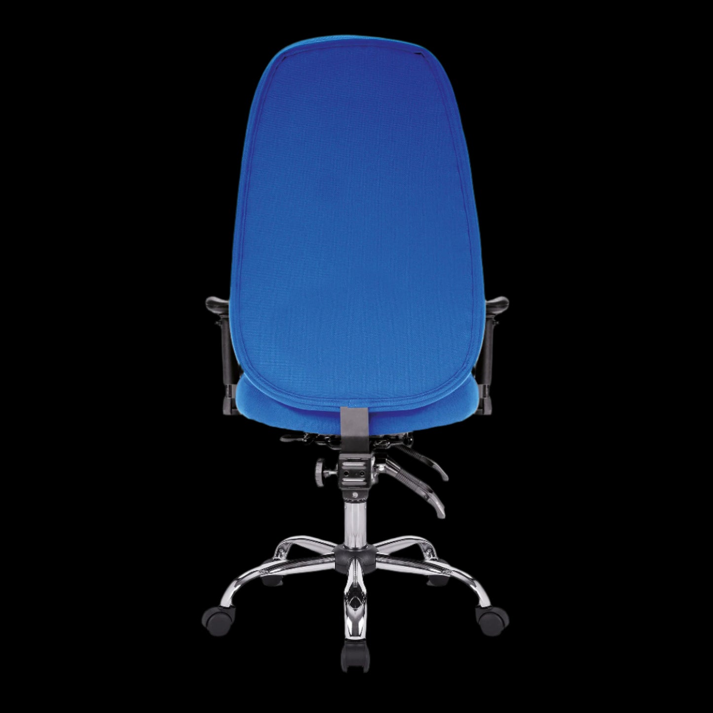 Blue office chair with a black background