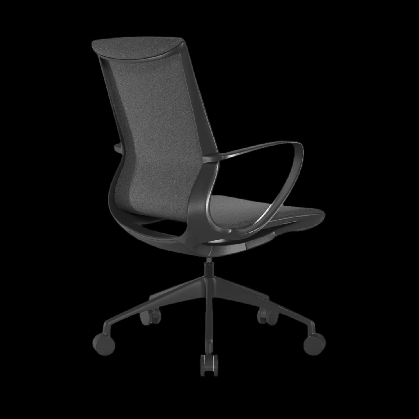 Black office chair with mesh back on a black background