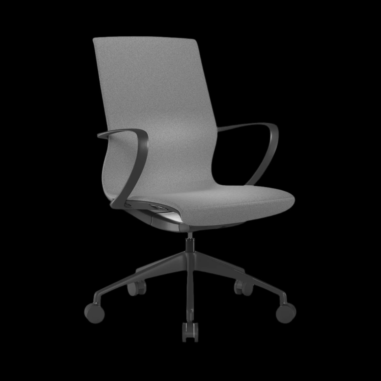 Gray office chair with black wheels on a black background