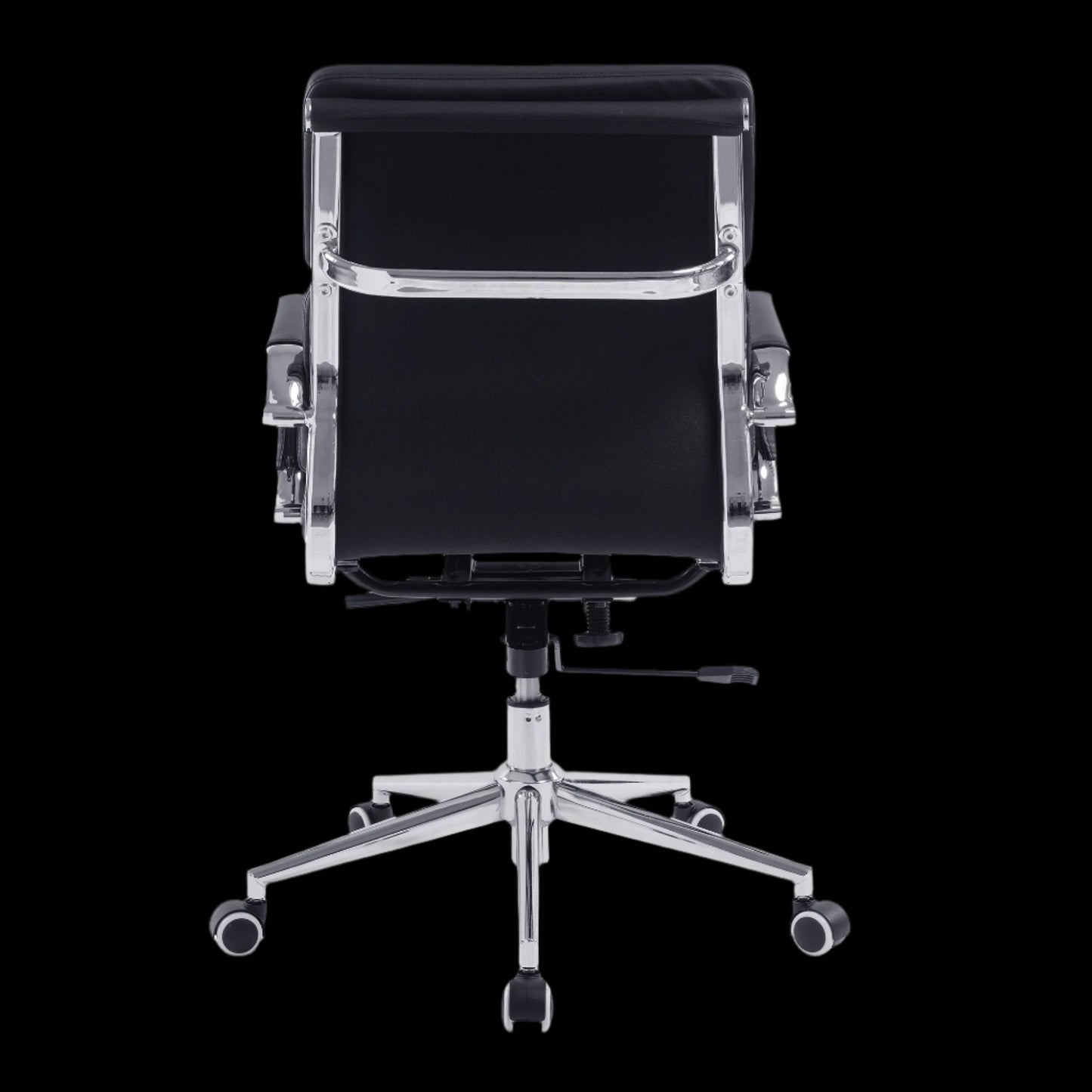 Black office chair with chrome base on a black background