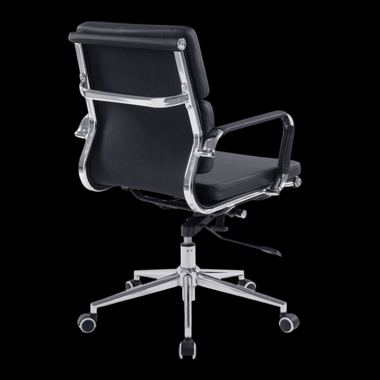 Black office chair with chrome base on a black background