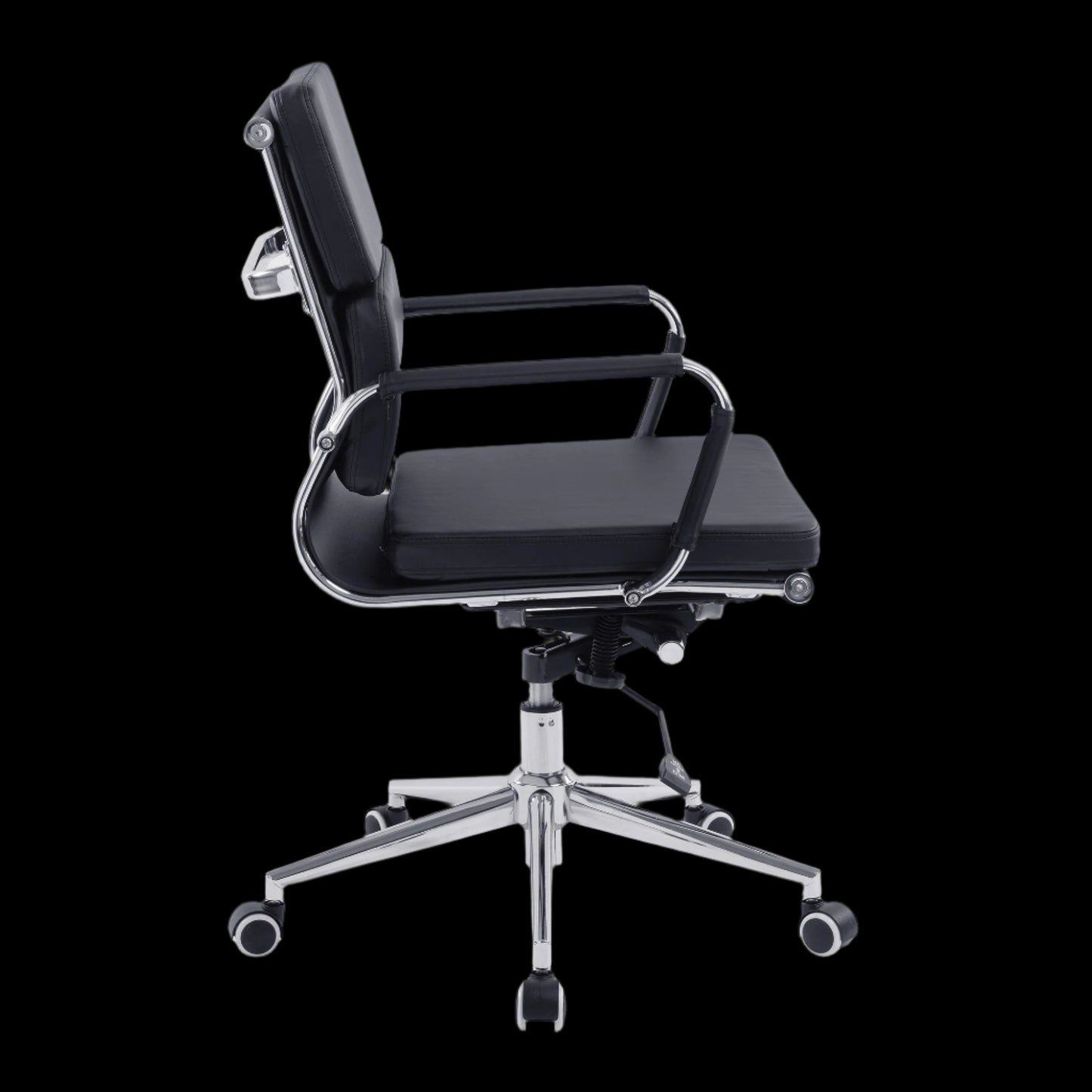 Black office chair with chrome base on a black background