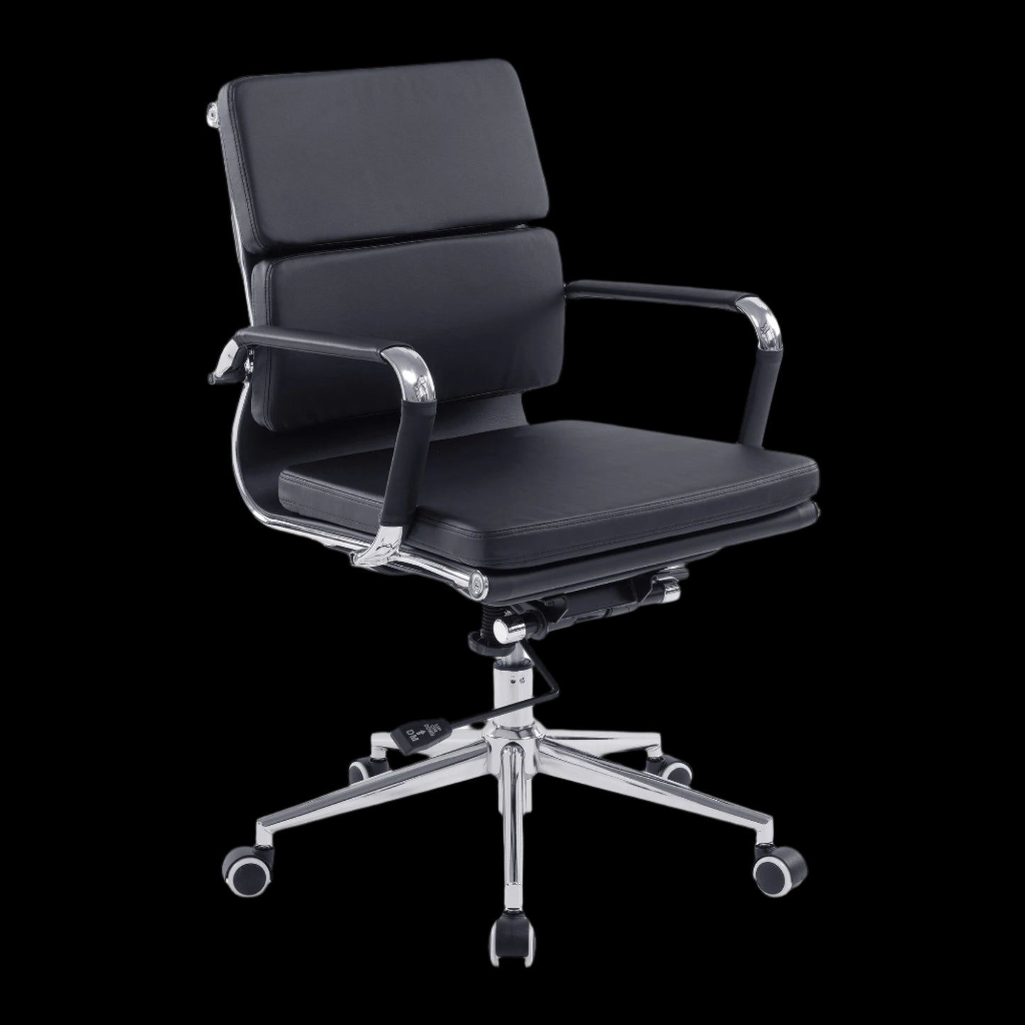 Black office chair with chrome base on a black background