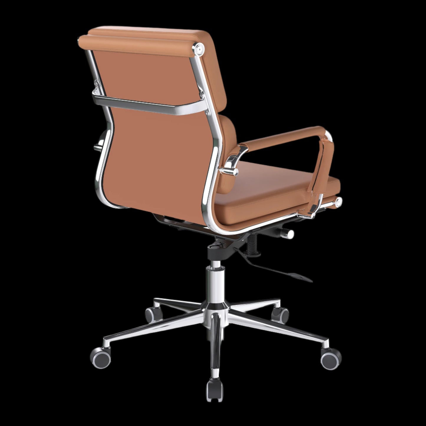 Brown office chair with chrome frame on a black background