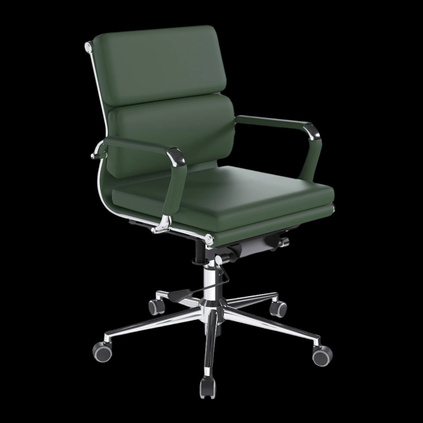 Green office chair with armrests on a black background