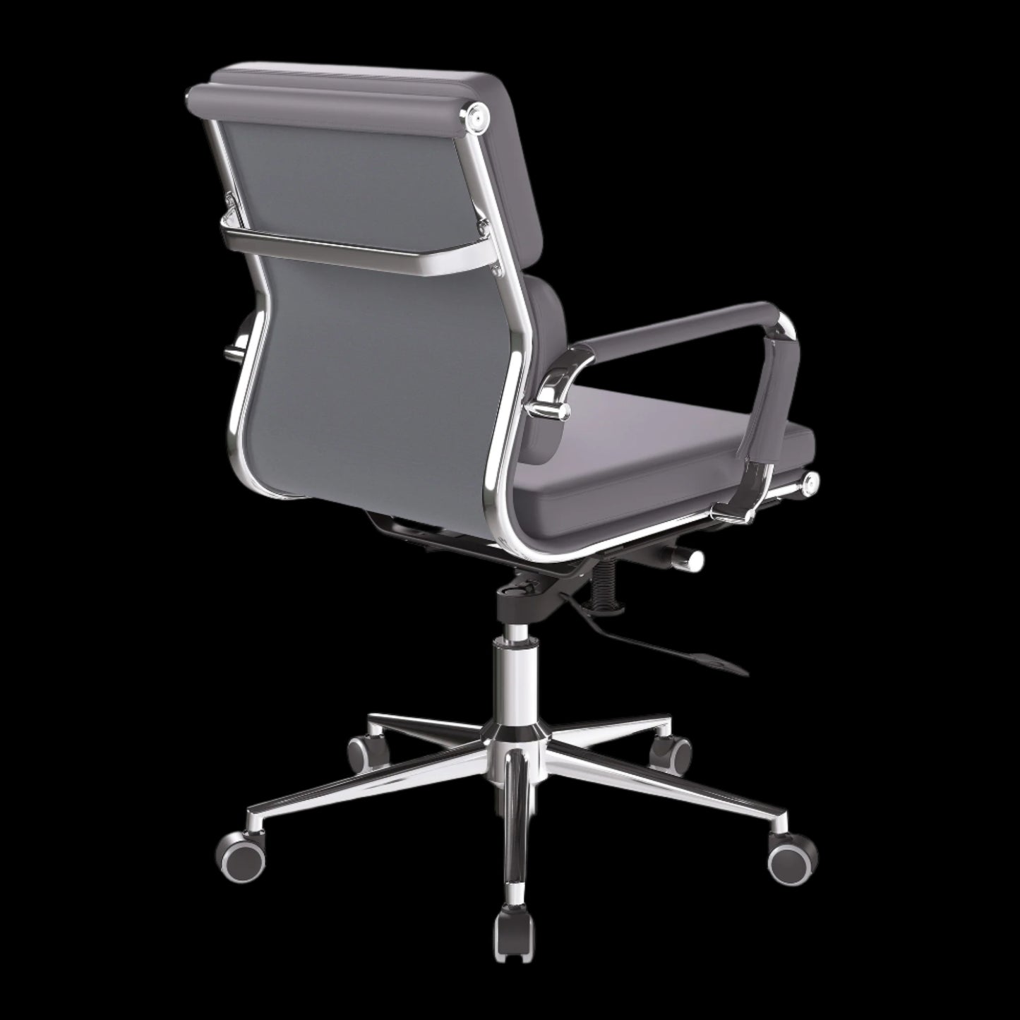 Gray office chair with chrome base on a black background