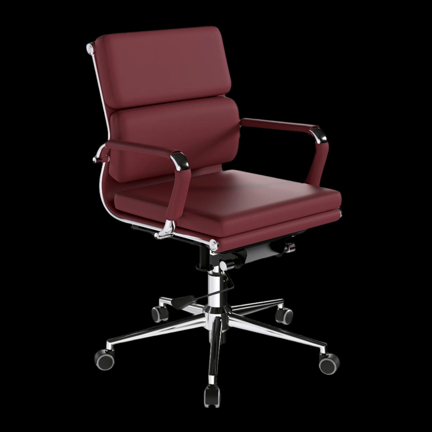 Red office chair with chrome base on a black background