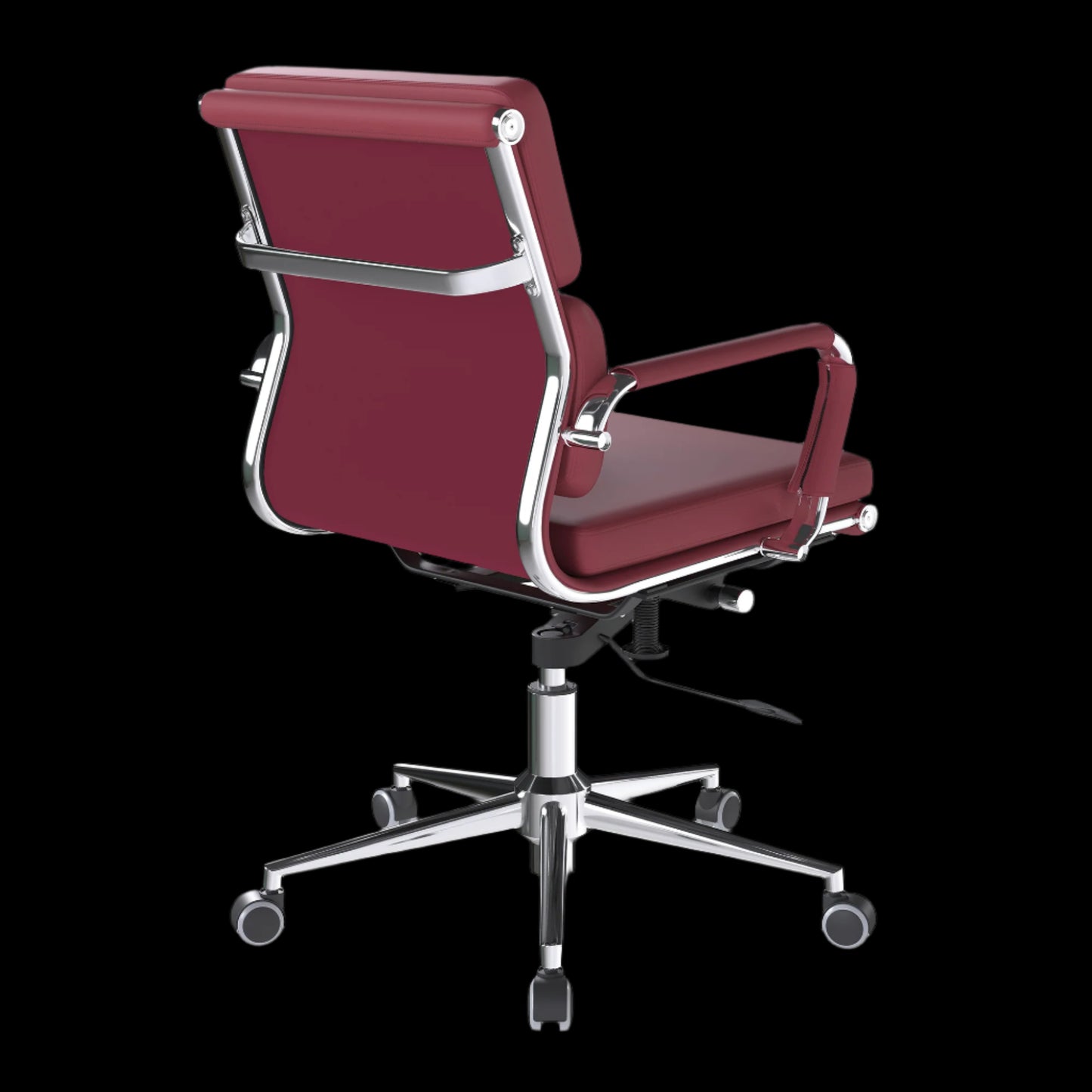 Red office chair with chrome frame on a black background