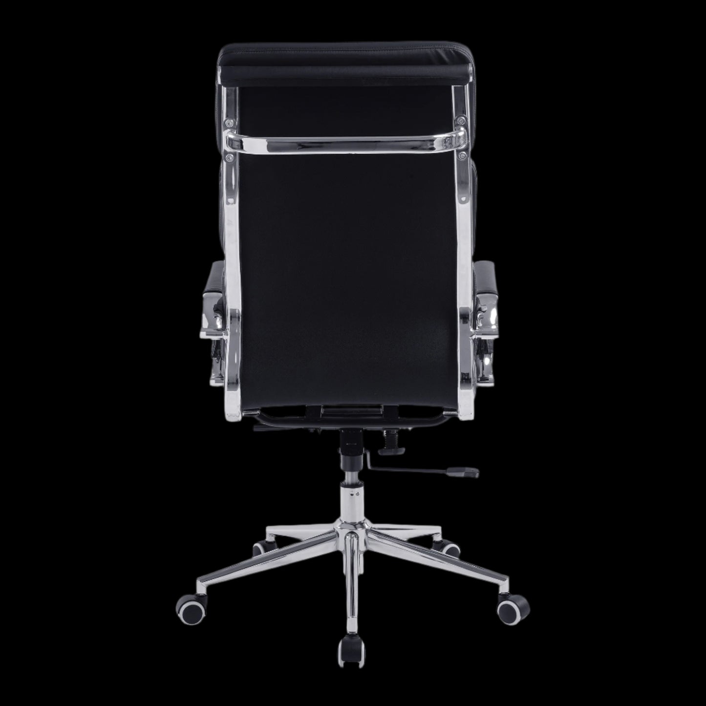 Black office chair with chrome frame on a black background