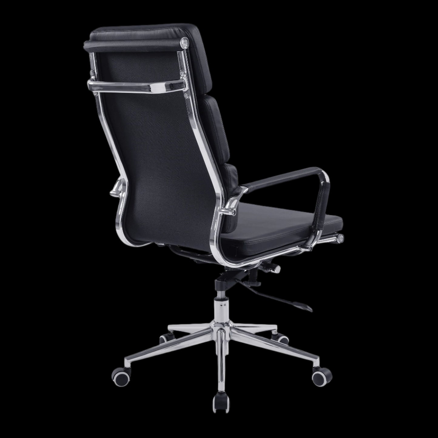 Black office chair with chrome accents on a black background
