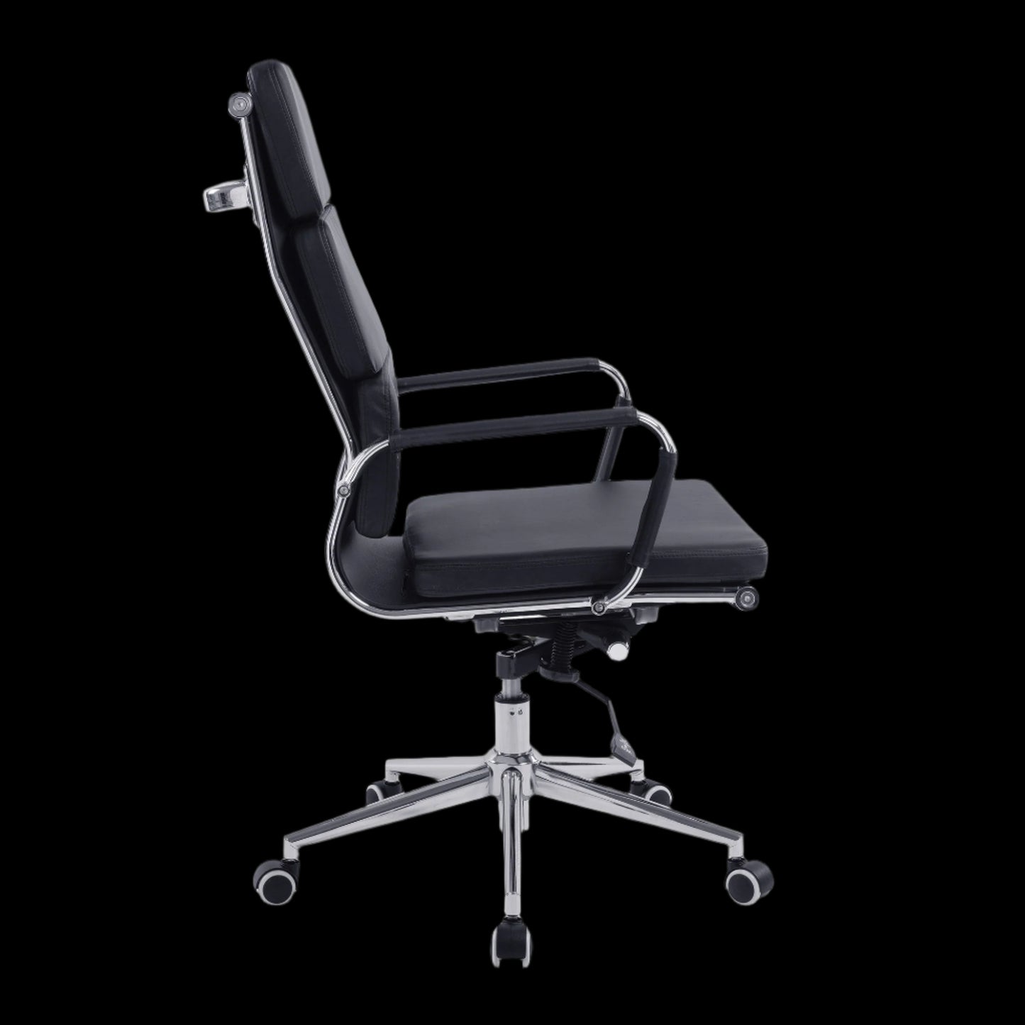 Black office chair with a high backrest on a black background