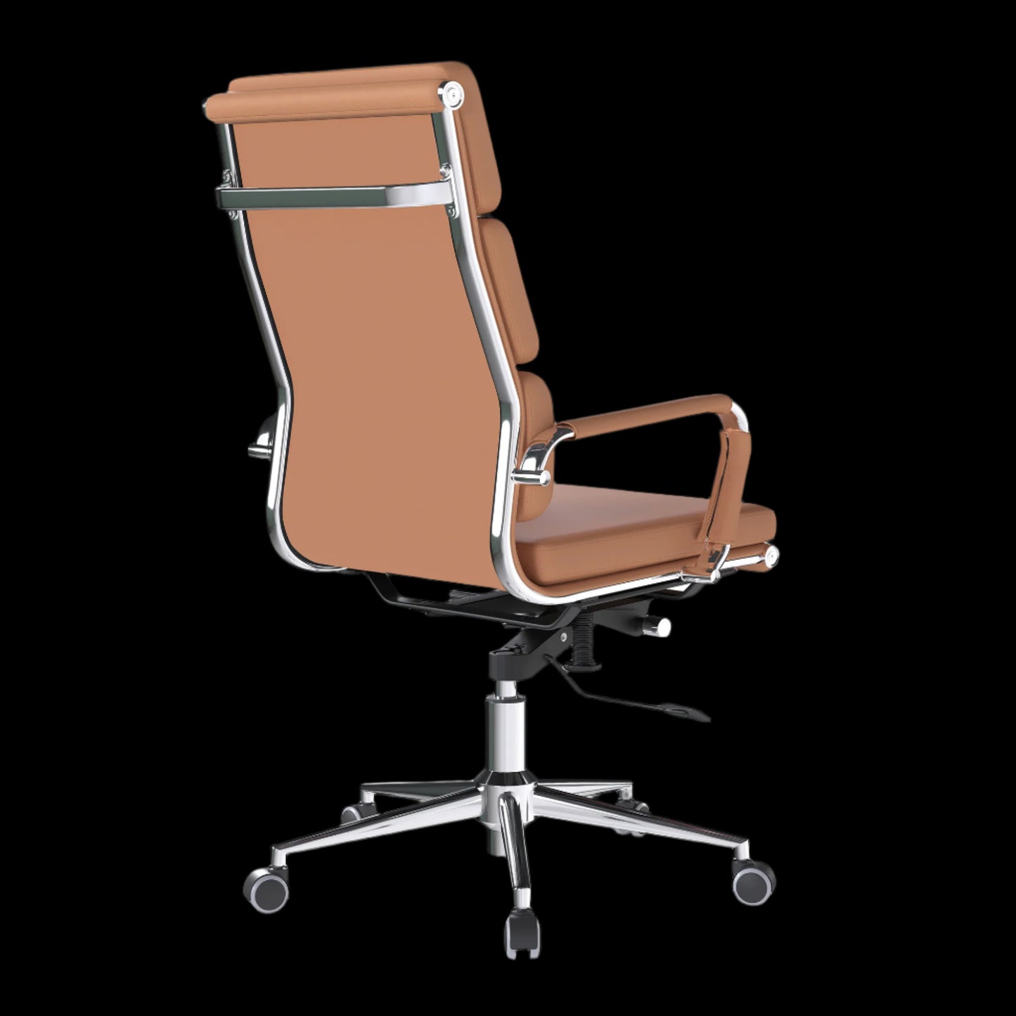 Brown office chair with chrome accents on a black background