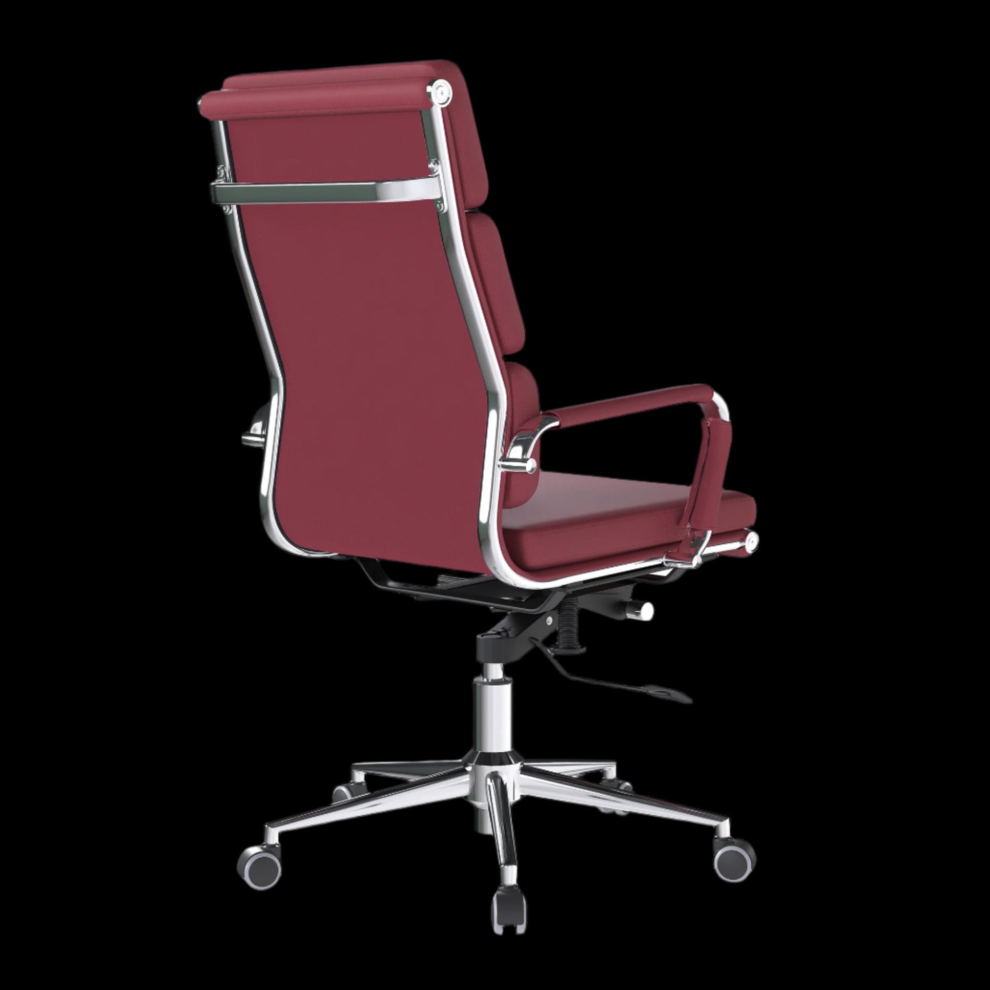 Red office chair with chrome frame on a black background