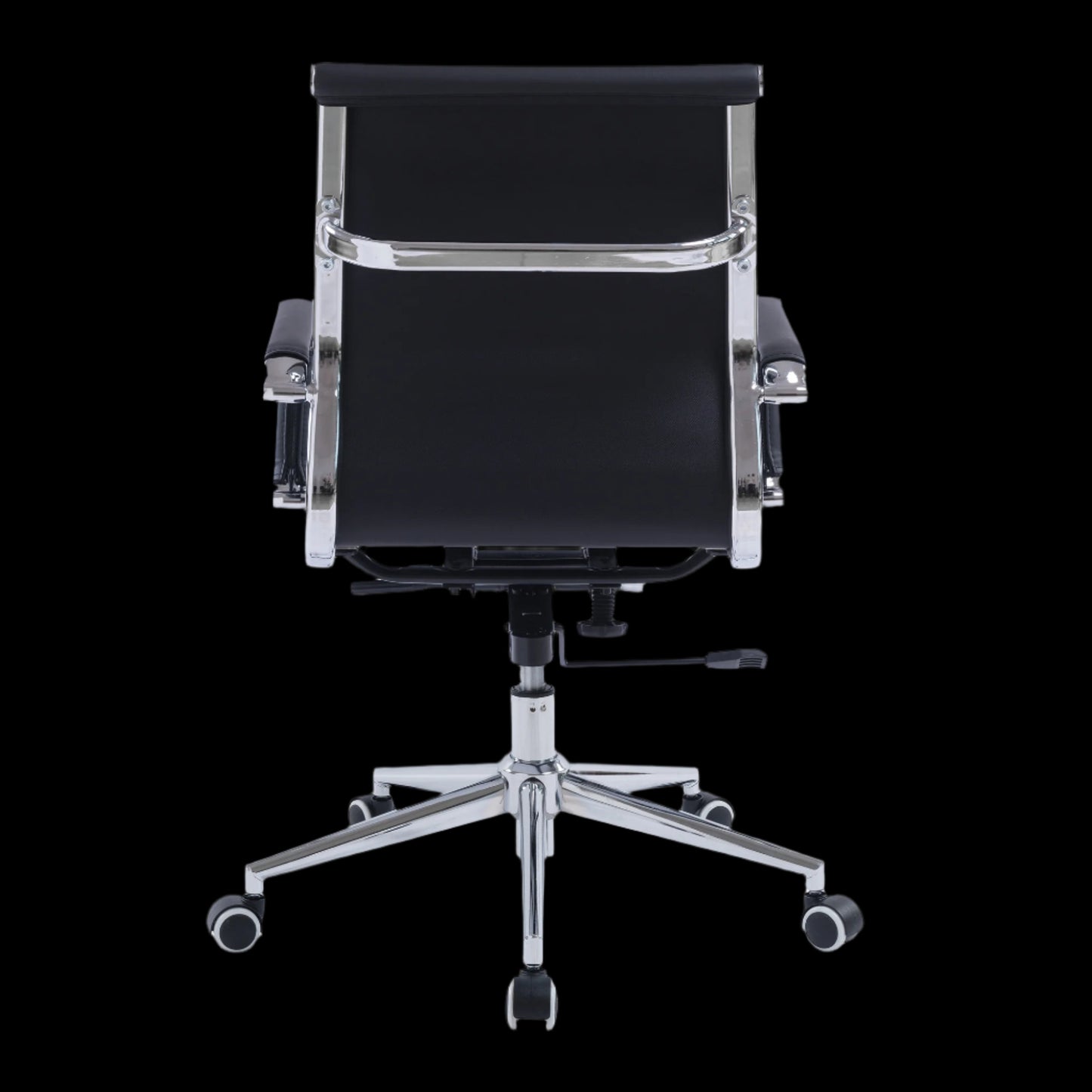 Black office chair with chrome base on a black background
