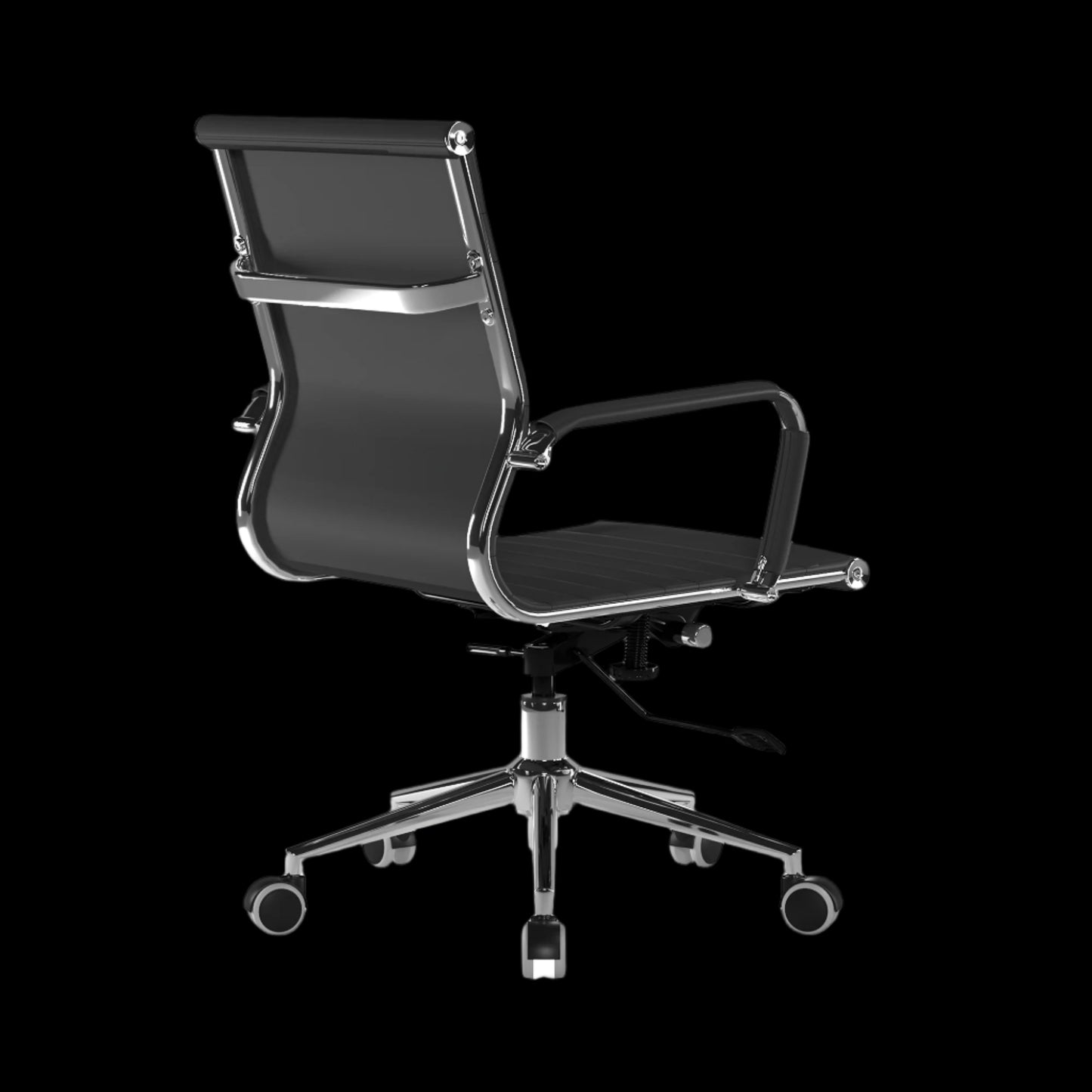 Black office chair with chrome accents on a black background
