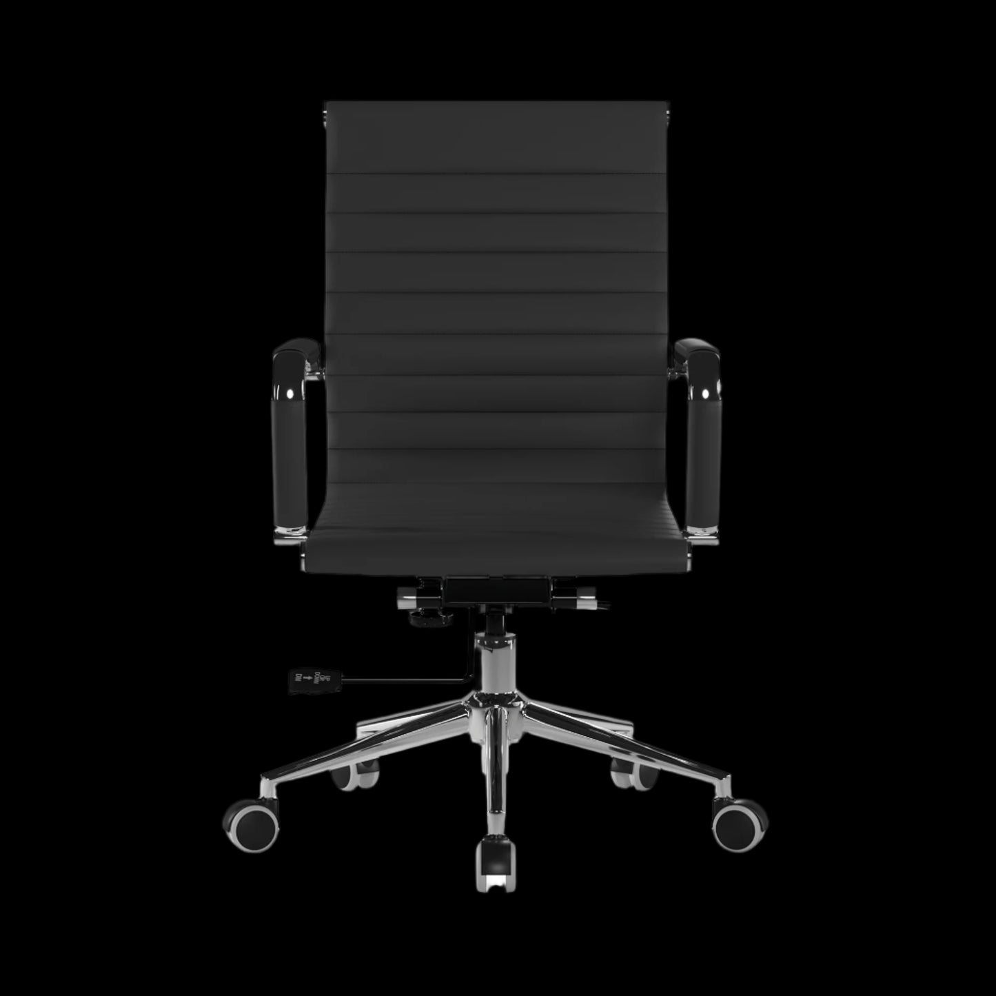 Black office chair with ribbed backrest on a black background