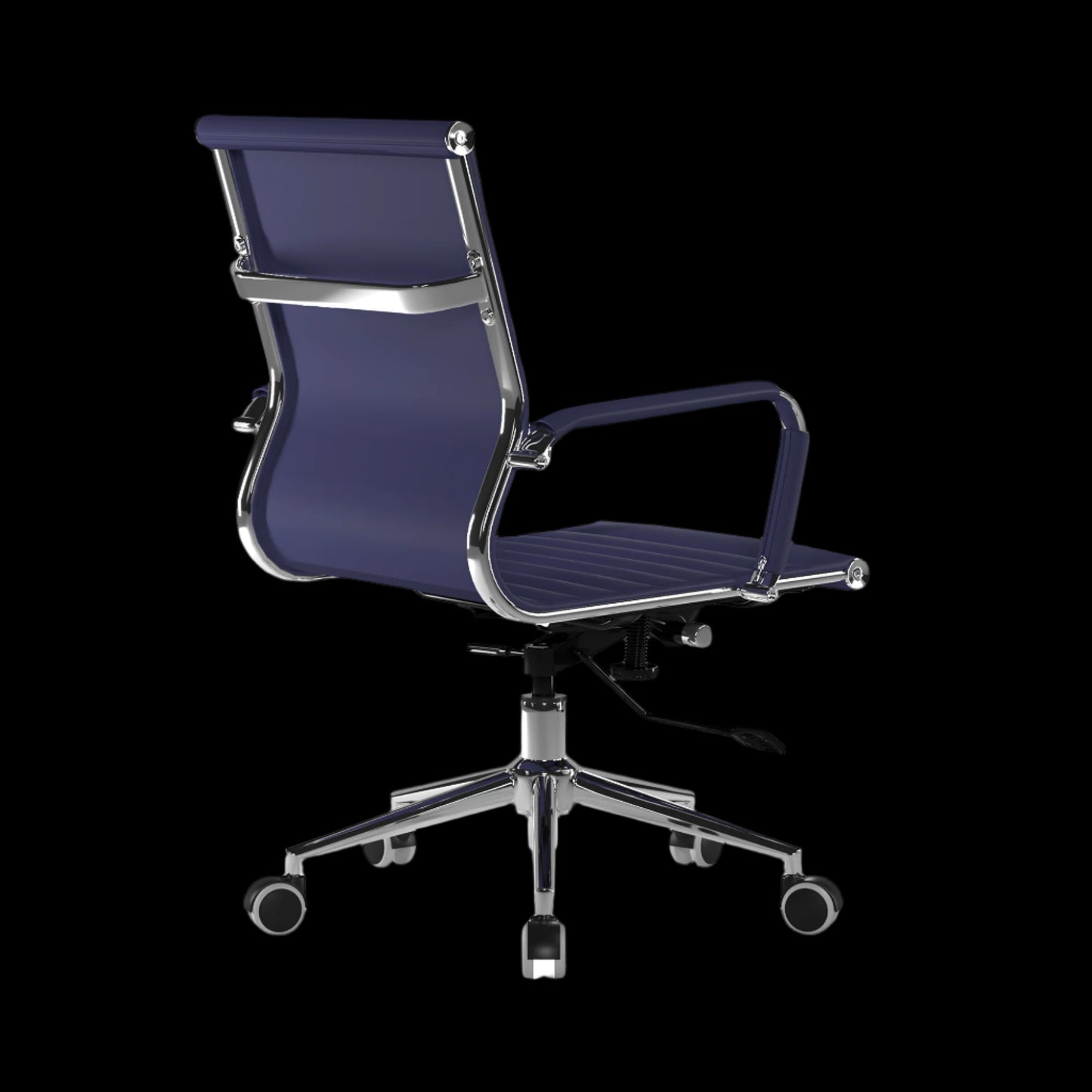 Blue office chair with chrome frame on a black background