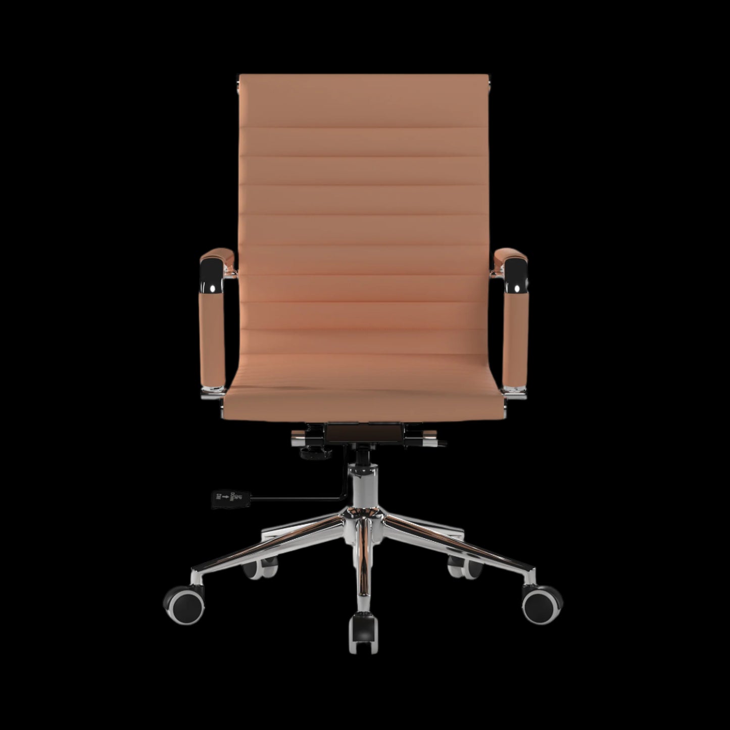 Brown office chair with a ribbed backrest on a black background