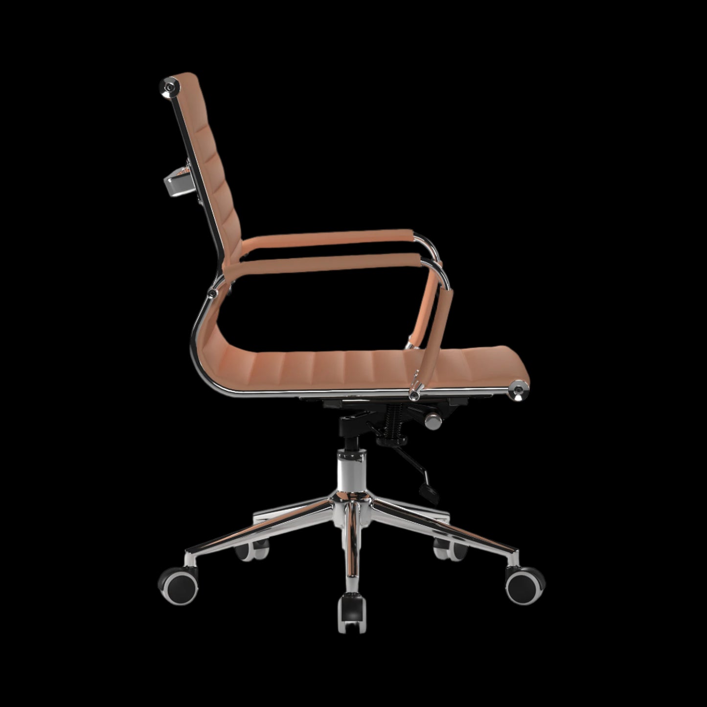 Brown office chair with chrome frame on a black background