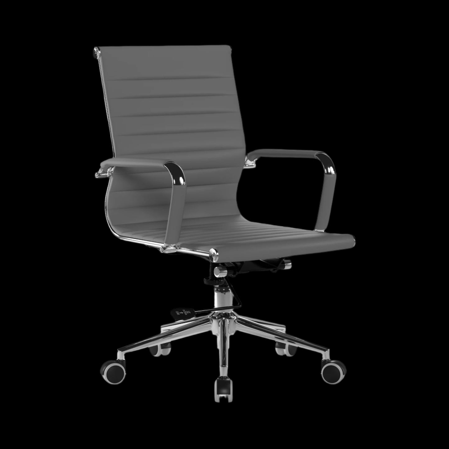 Gray office chair with a ribbed backrest on a black background