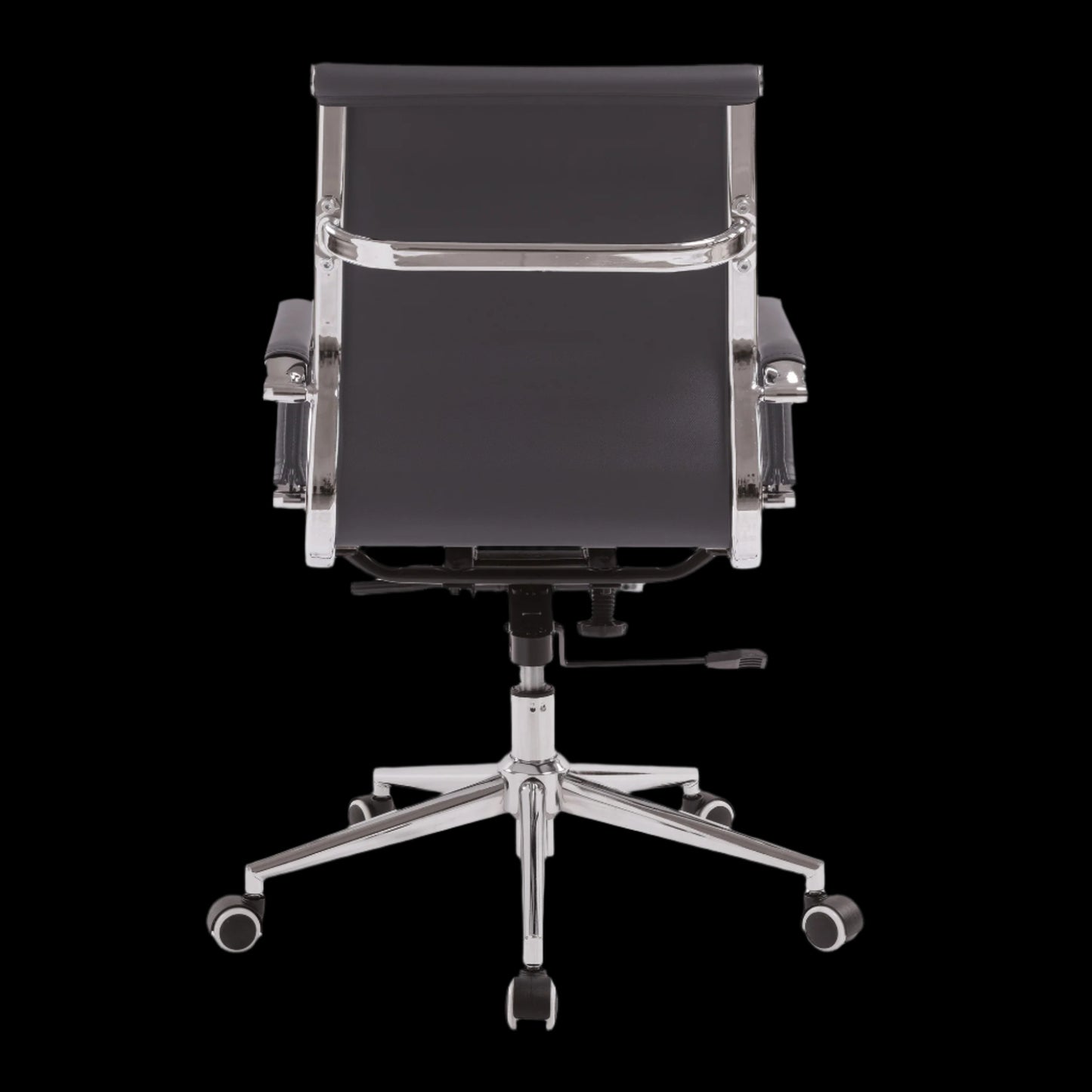 Black office chair with chrome base on a black background