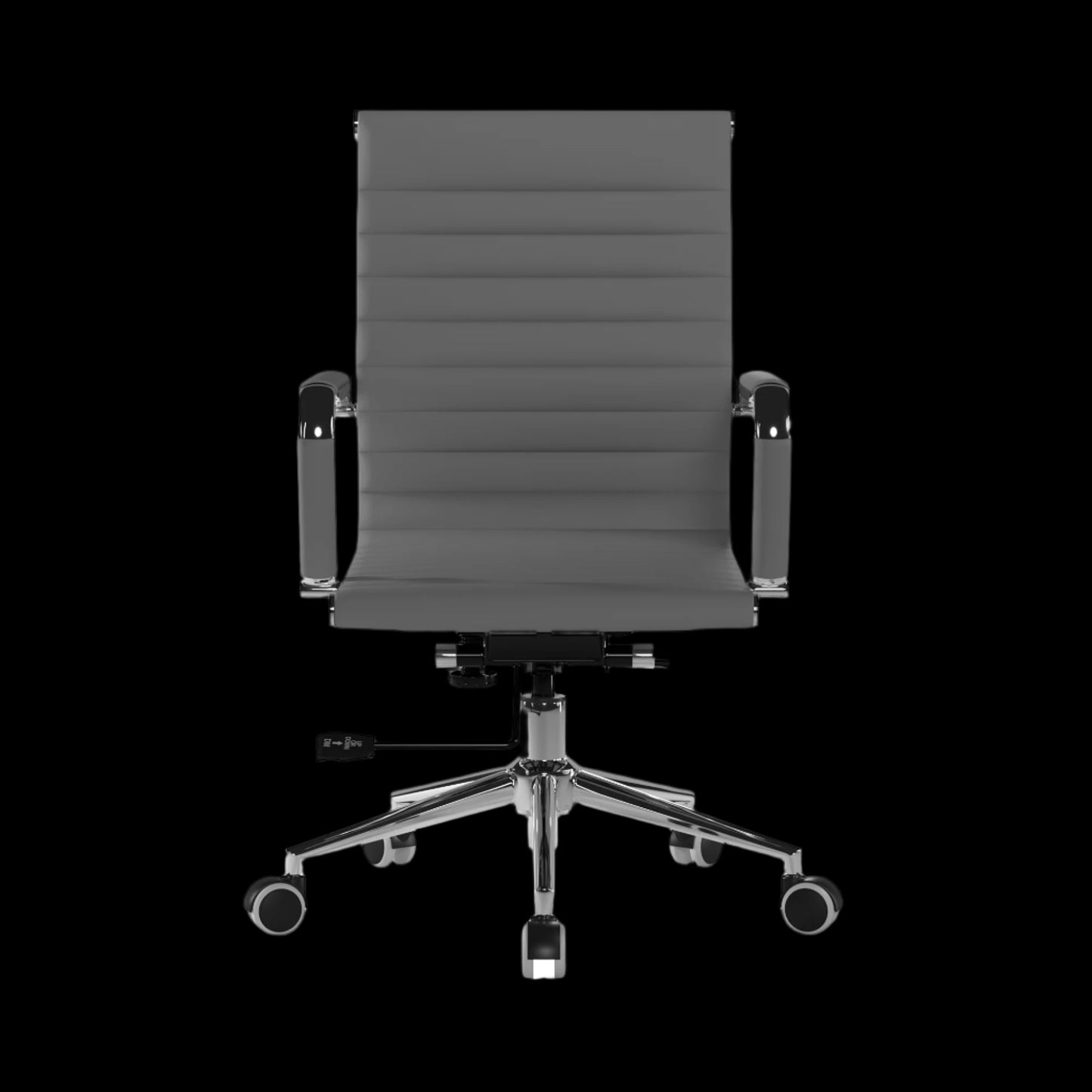 Gray office chair with a ribbed backrest on a black background