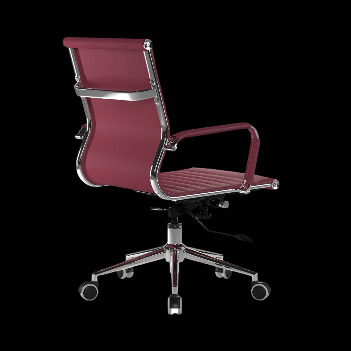 Maroon office chair with chrome accents on a black background
