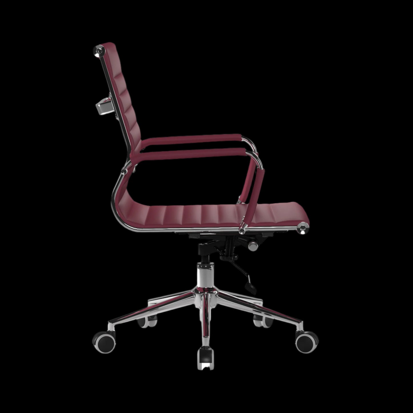 Maroon office chair with a metal frame on a black background