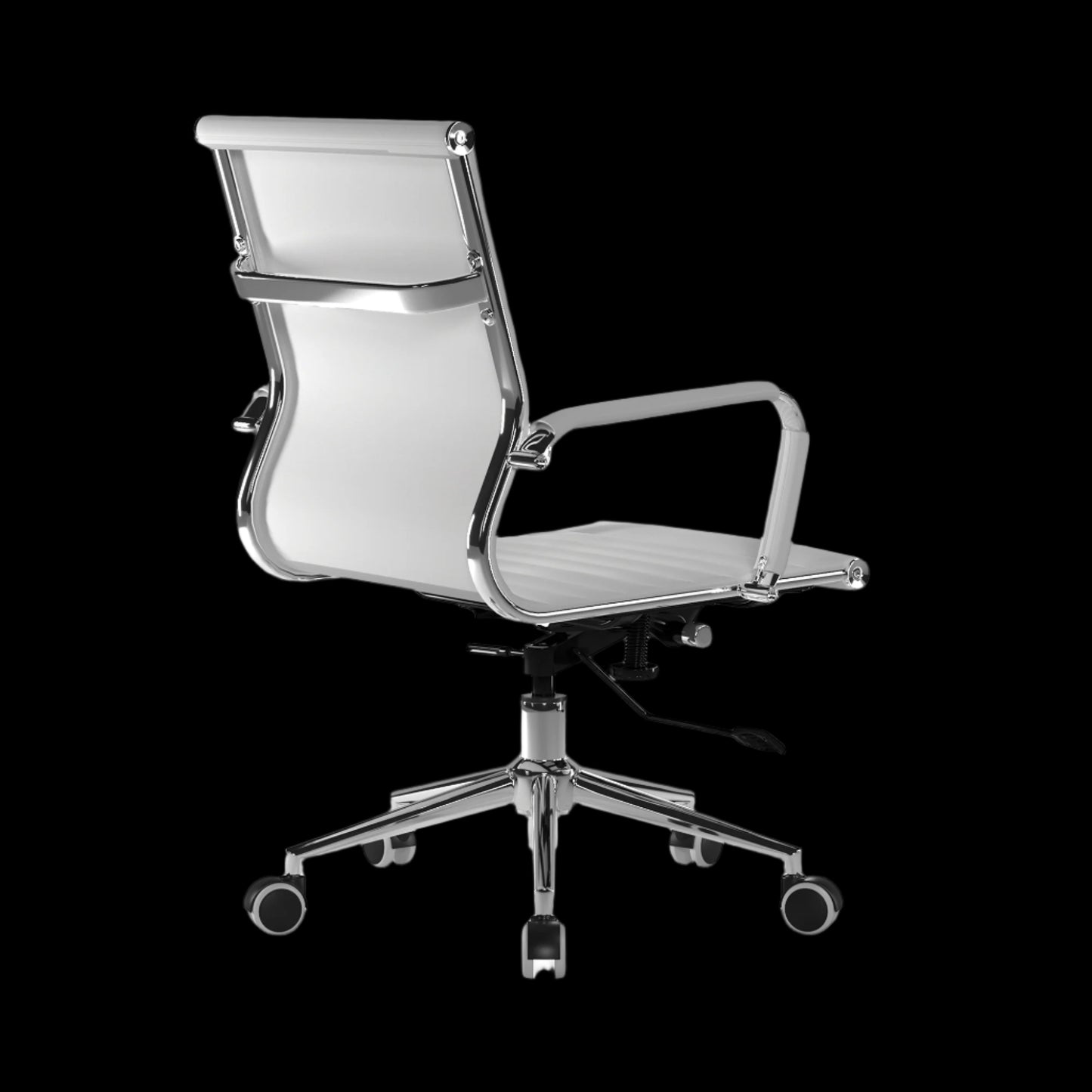 Modern office chair with white seat and backrest on a black background