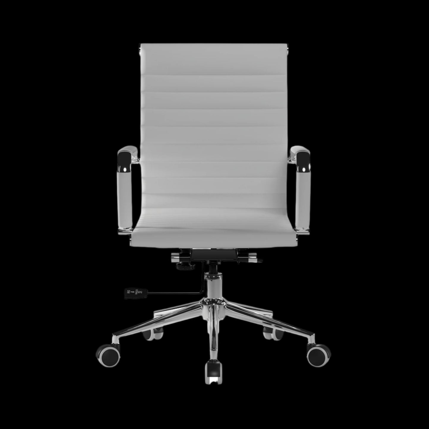 Gray office chair with a ribbed backrest on a black background