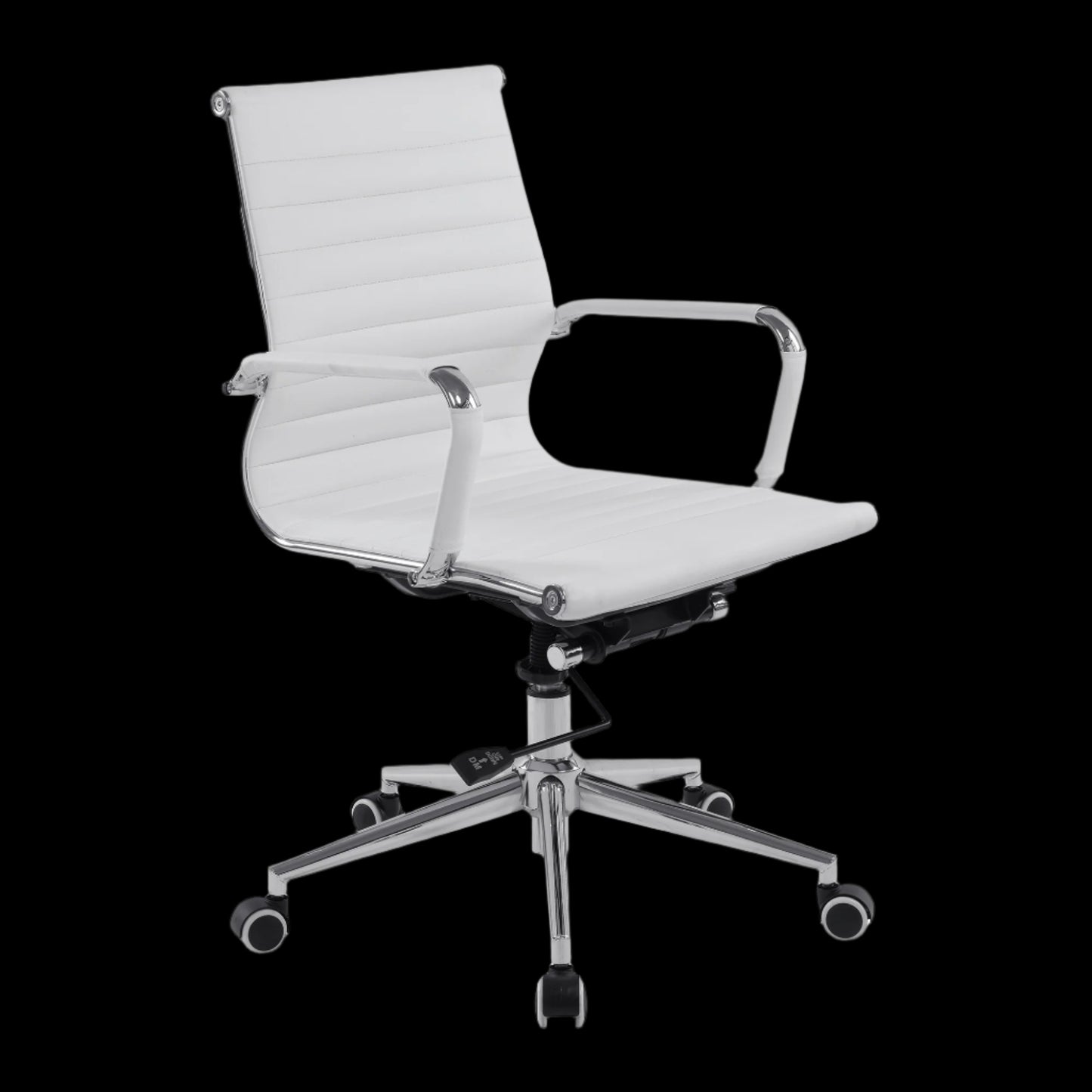 White office chair with a high back and armrests on a black background