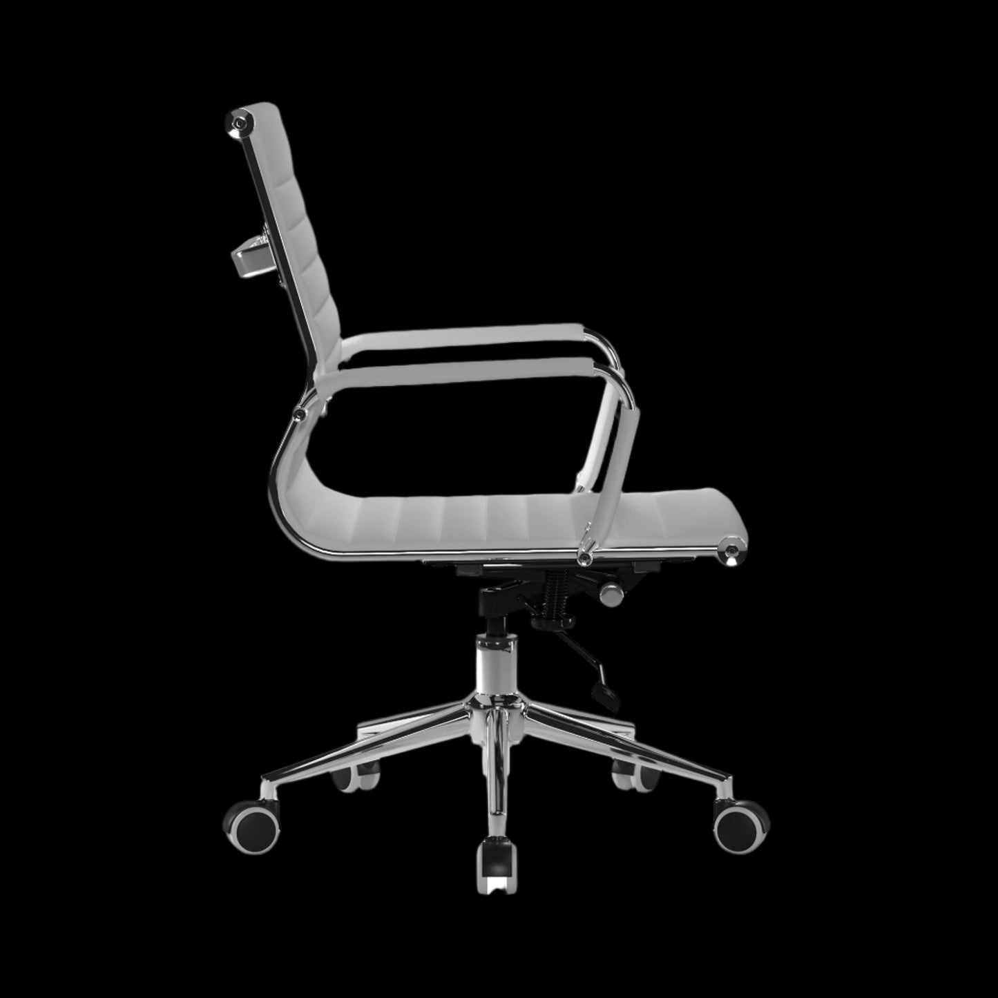 Modern office chair with chrome frame and wheels on a black background