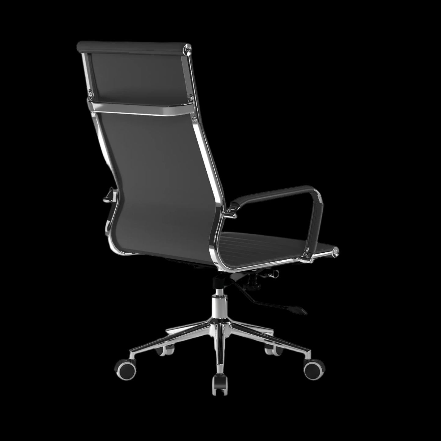 Black office chair with chrome accents on a black background