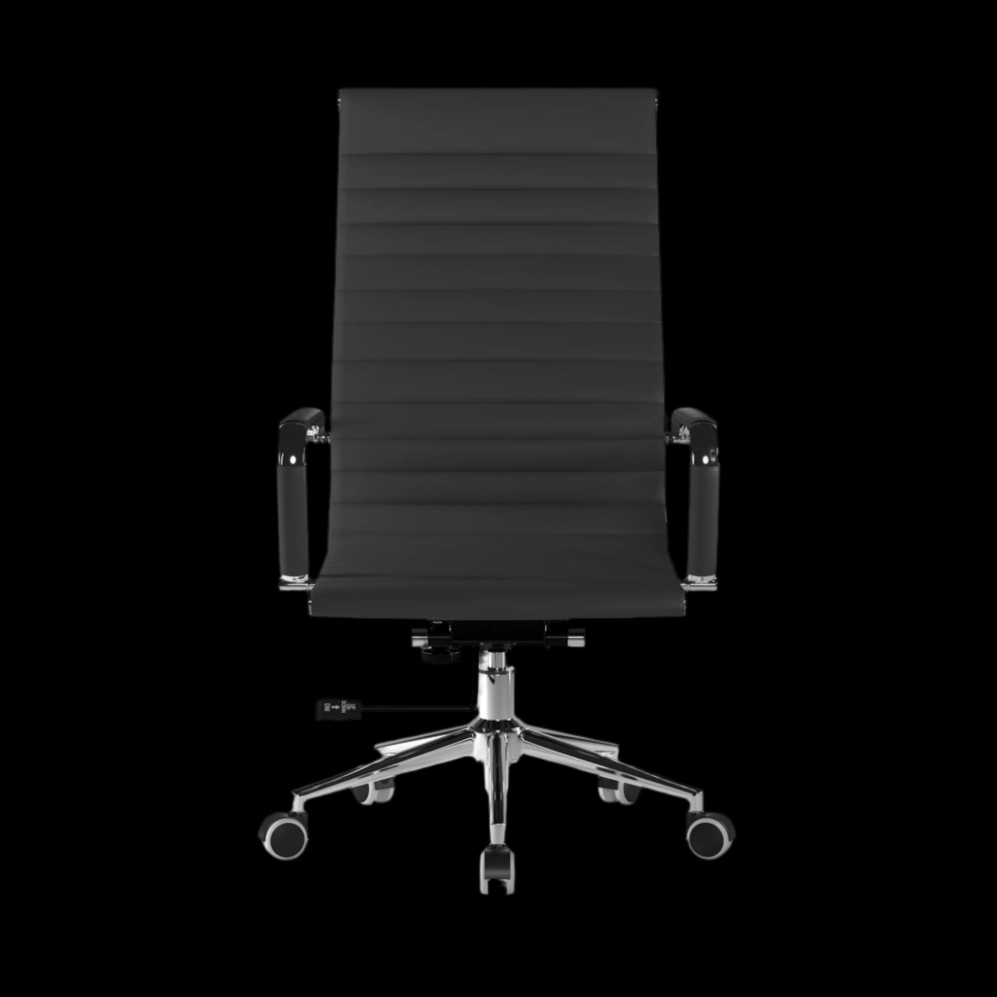 Black office chair with ribbed backrest on a black background
