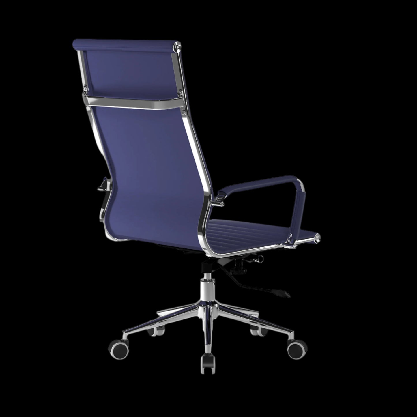 Blue office chair with chrome frame on a black background
