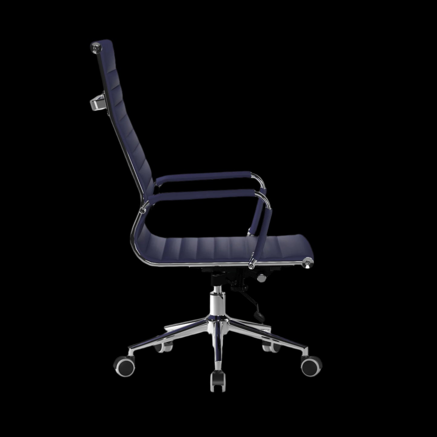 Navy office chair with chrome base on a black background