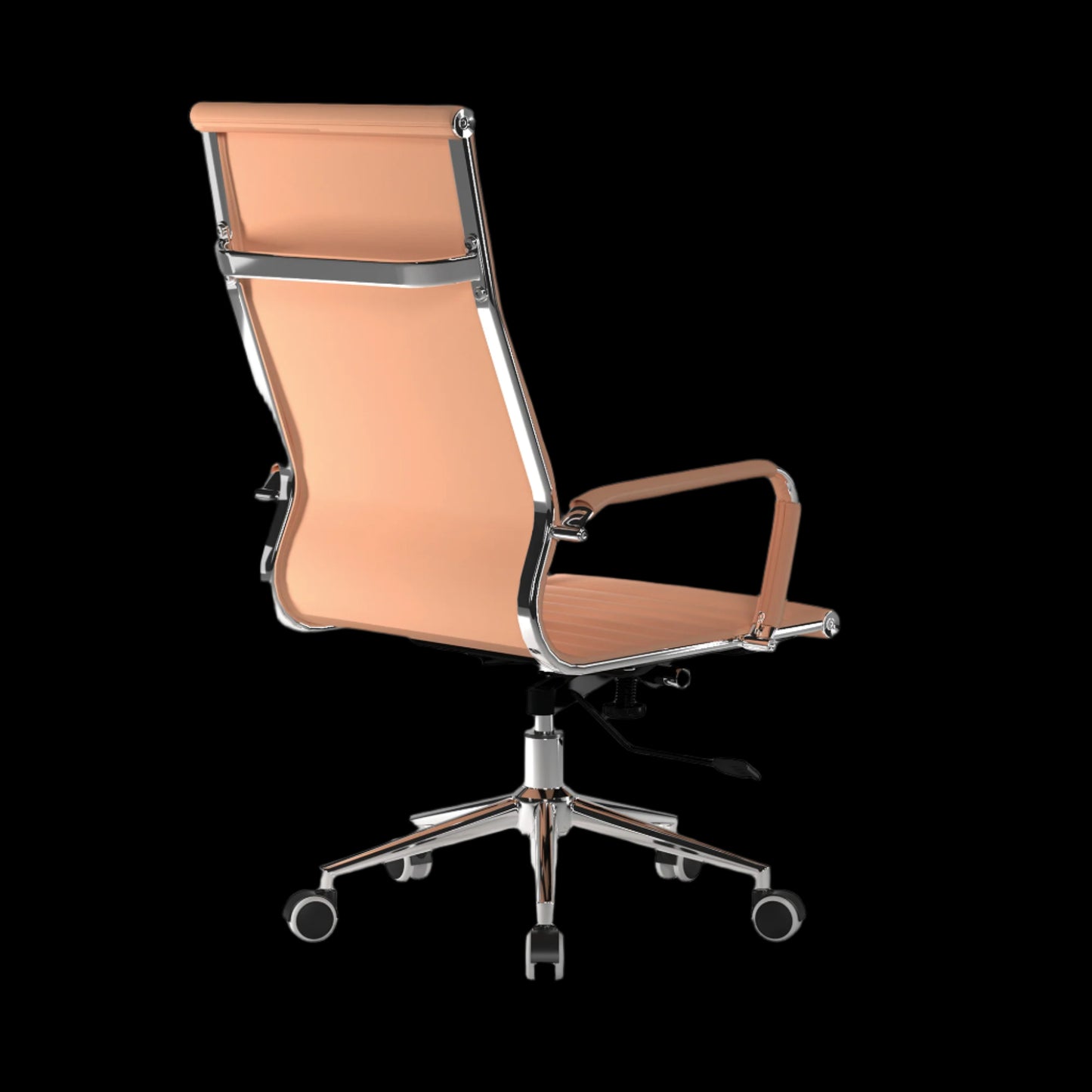 Beige office chair with chrome accents on a black background