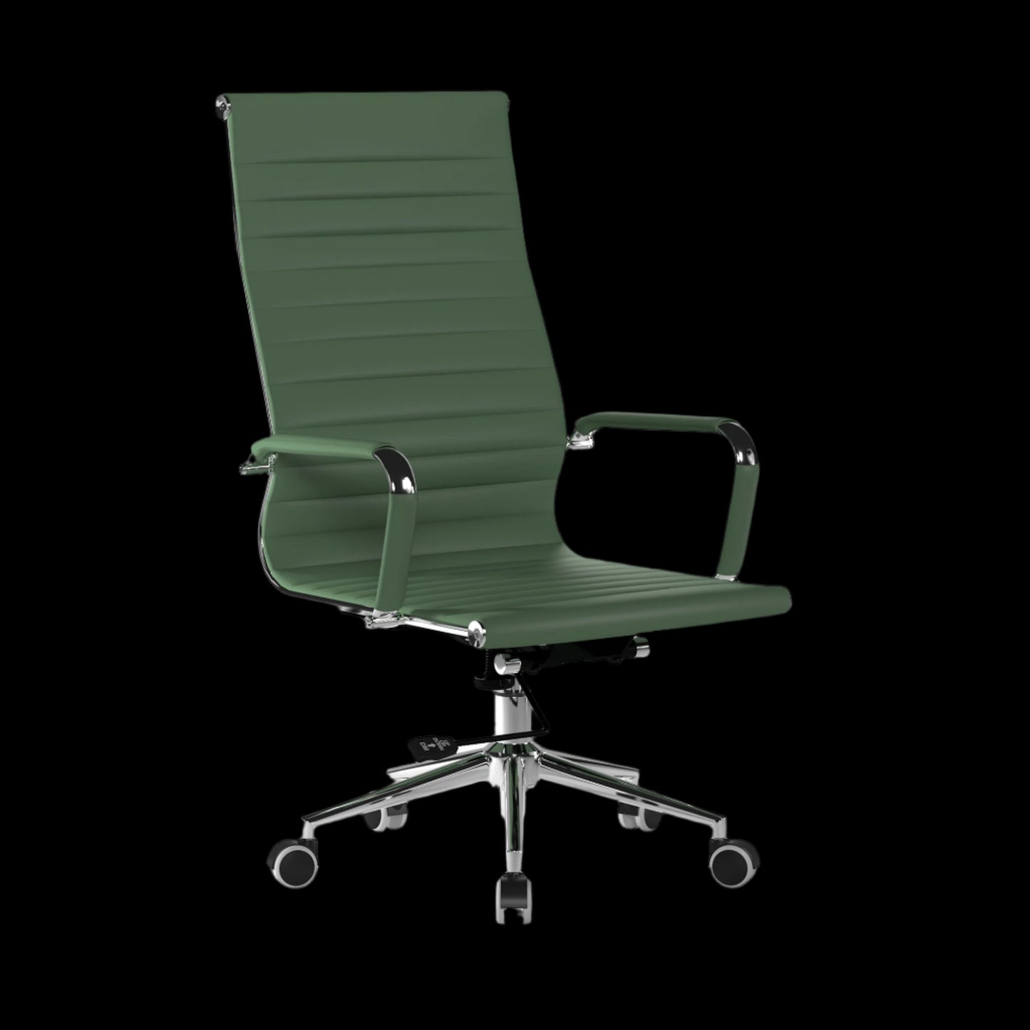 Green office chair with a ribbed backrest on a black background