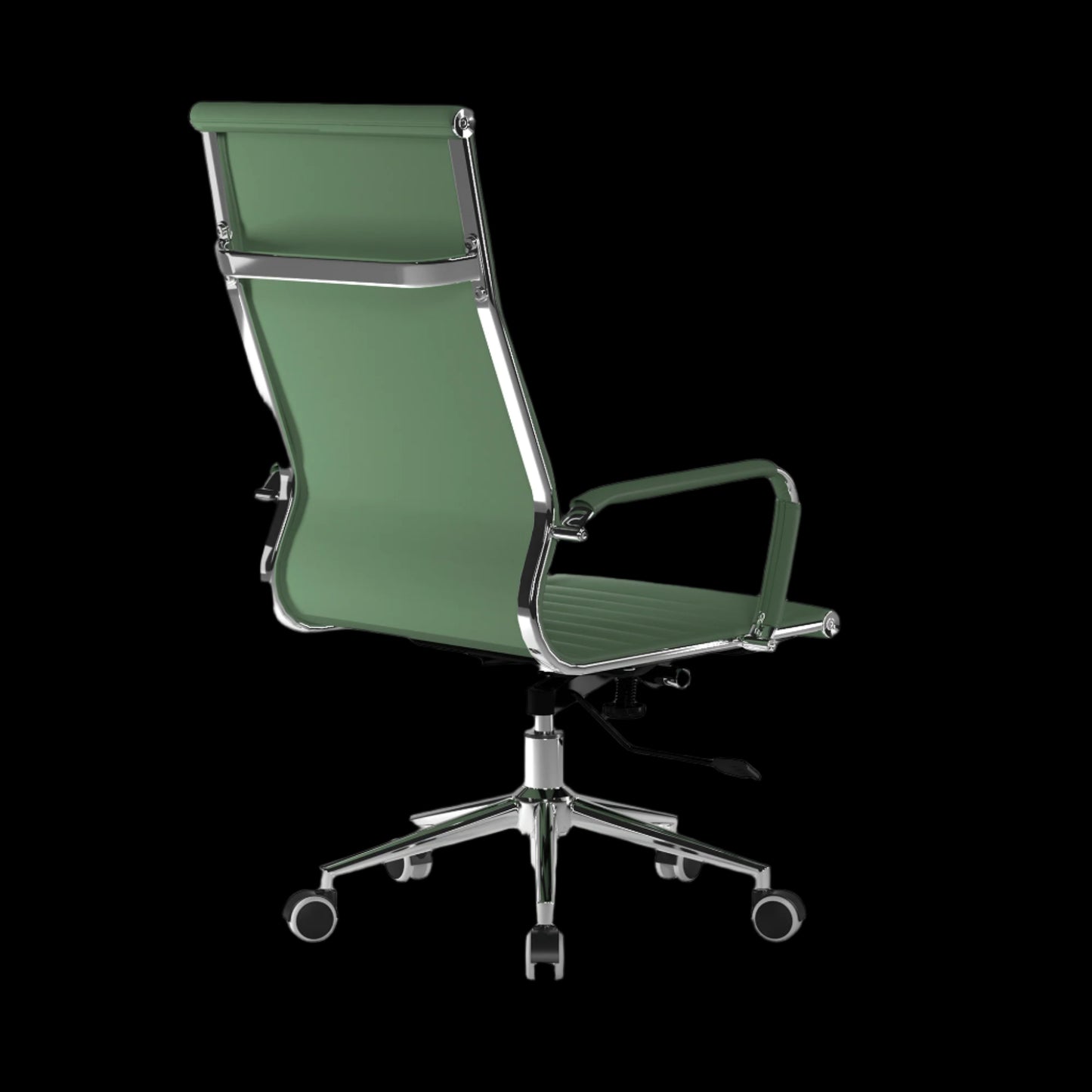 Green office chair with chrome frame on a black background